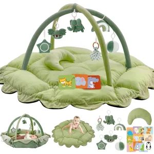 5-in-1 Plush Baby Play Gym, Baby Play Mats, Convertible Baby Gym with Pillow, Tummy time mat, 6 Sensory Toys, Baby Activity Center from Newborn to Toddler, Pet Bed, Cat & Dog Bed, Ball Pit, Green