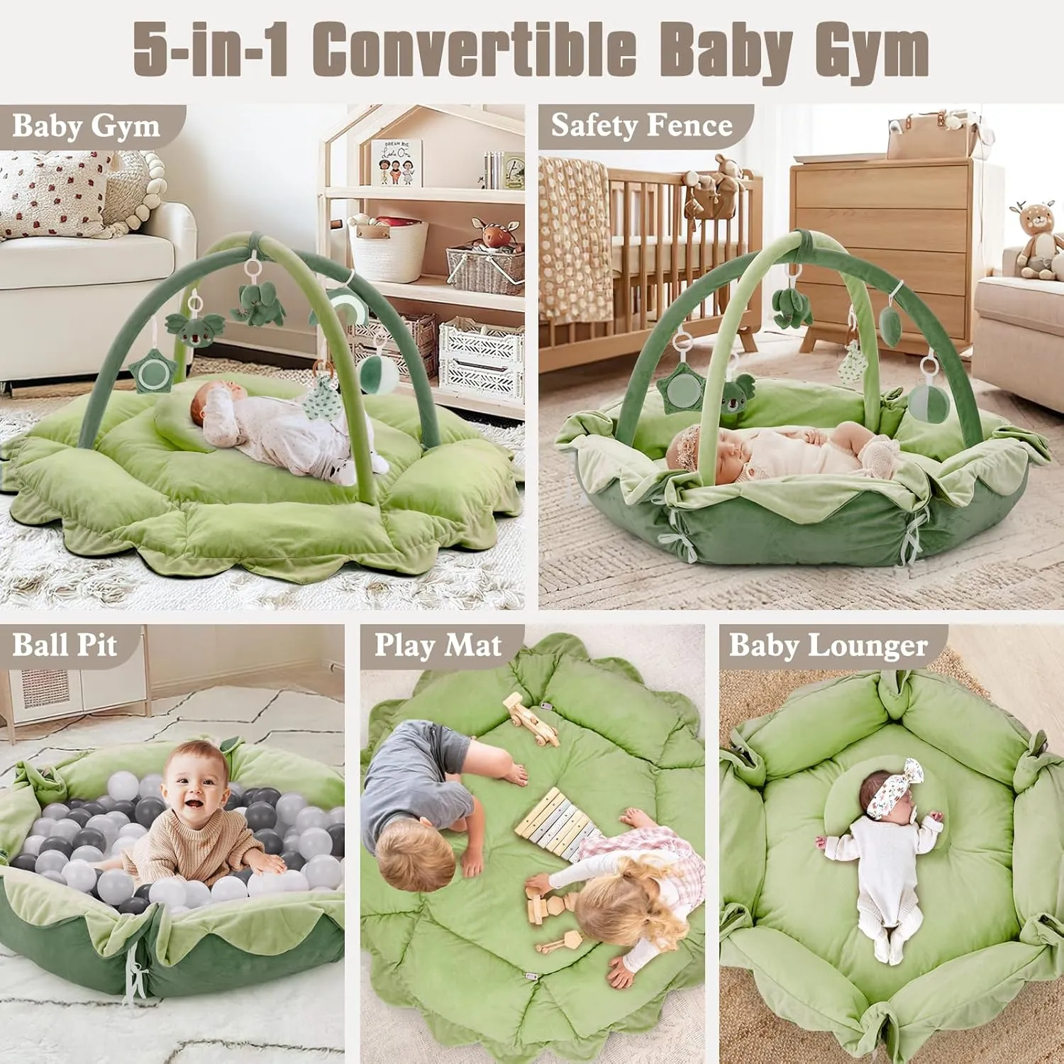 5-in-1 Plush Baby Play Gym, Baby Play Mats, Convertible Baby Gym with Pillow, Tummy time mat, 6 Sensory Toys, Baby Activity Center from Newborn to Toddler, Pet Bed, Cat & Dog Bed, Ball Pit, Green
