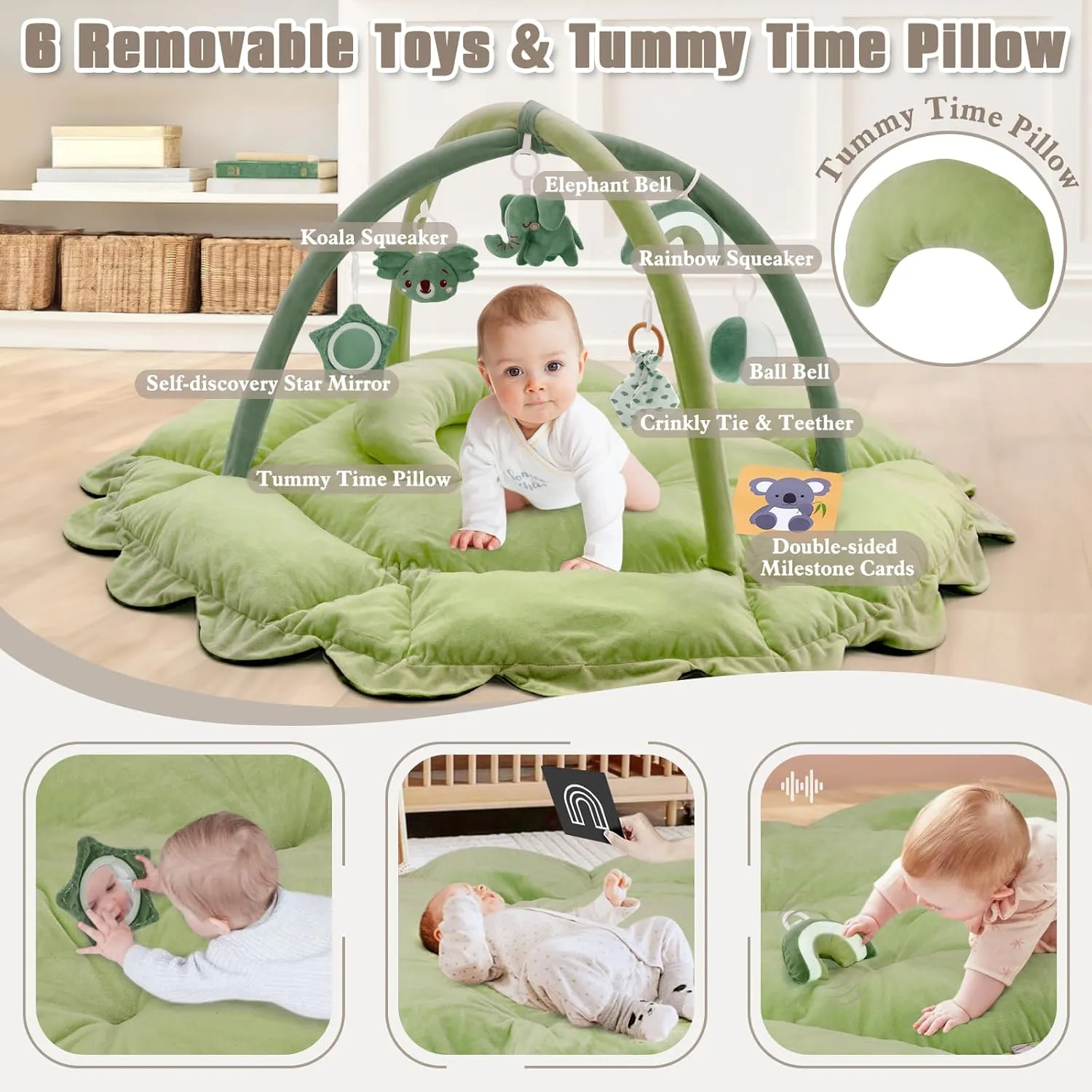 5-in-1 Plush Baby Play Gym, Baby Play Mats, Convertible Baby Gym with Pillow, Tummy time mat, 6 Sensory Toys, Baby Activity Center from Newborn to Toddler, Pet Bed, Cat & Dog Bed, Ball Pit, Green