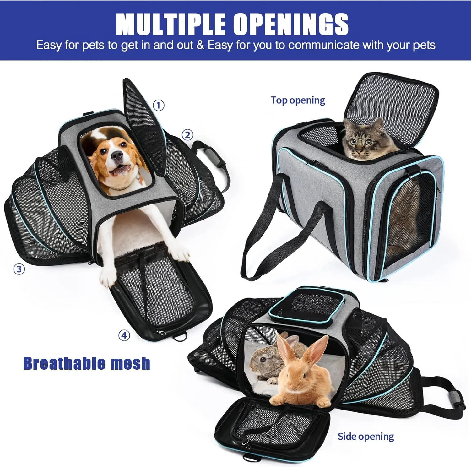 Airline Approved Pet Carrier, Soft Sided Portable Pet Travel Carrier 2 Sides Expandable Cat Carrier with Removable Fleece Pad,Safety Leash and Shoulder Strap,Dog and Small Animal(Grey)