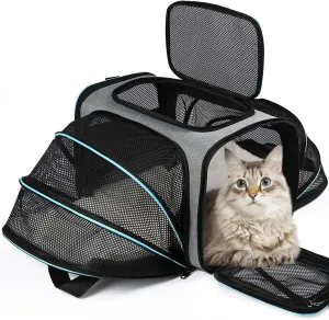 Airline Approved Pet Carrier, Soft Sided Portable Pet Travel Carrier 2 Sides Expandable Cat Carrier with Removable Fleece Pad,Safety Leash and Shoulder Strap,Dog and Small Animal(Grey)