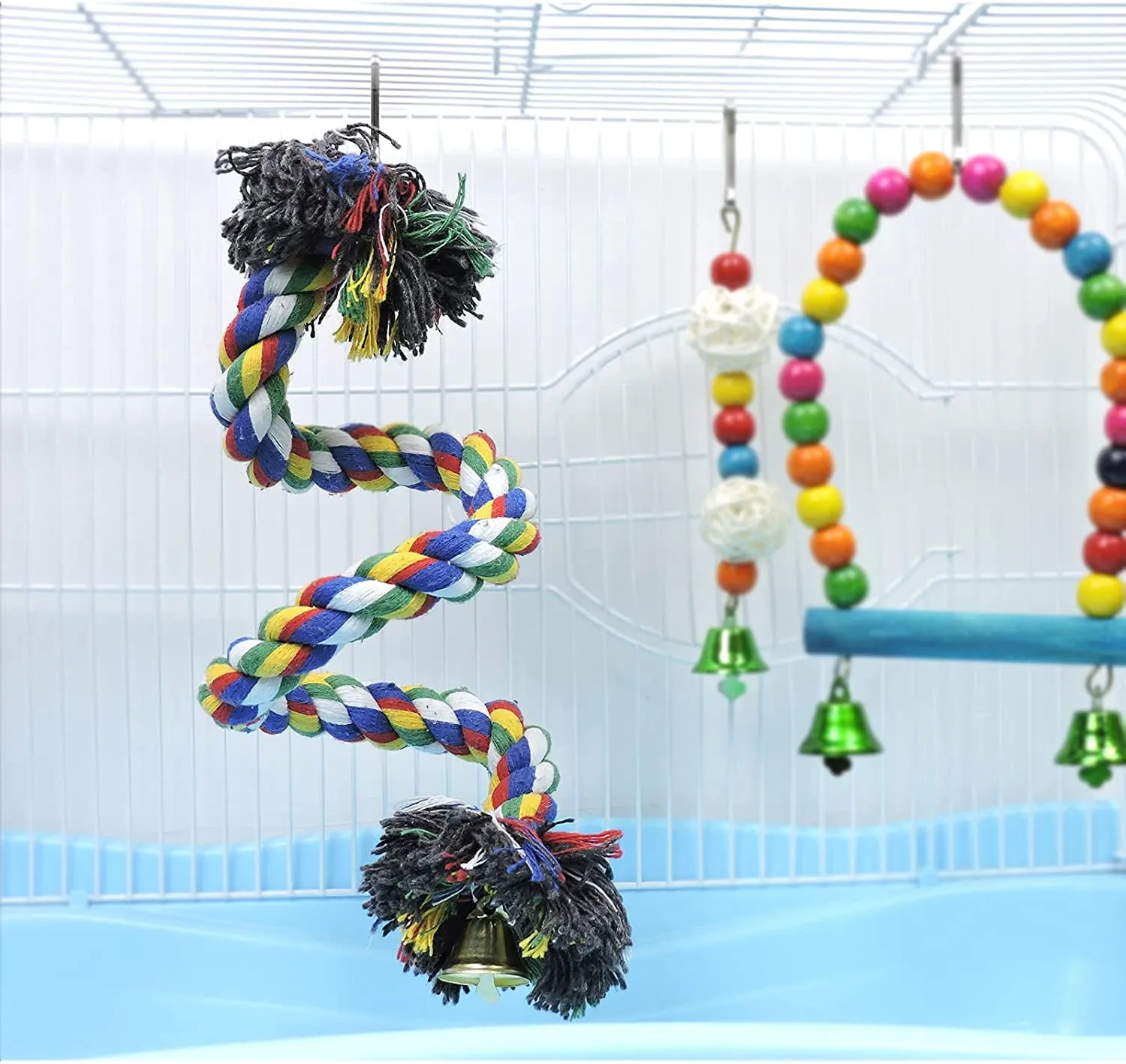 Bird Perches, Parrot Colorful Climbing Rope Swing Toys Parrot Stand with Bell and Hanging Clip for Parrots, Budgies, Macaws, Parakeets, and Other Small Birds. (50Cm)