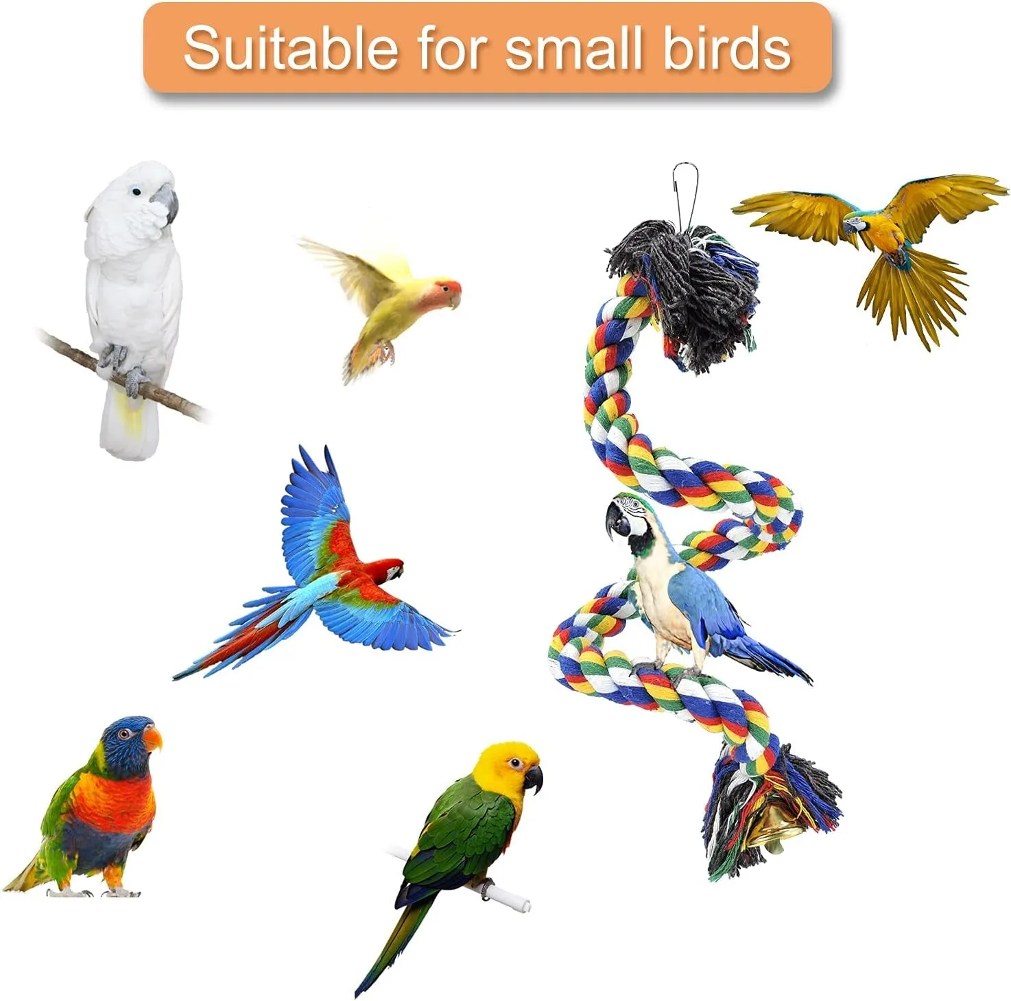 Bird Perches, Parrot Colorful Climbing Rope Swing Toys Parrot Stand with Bell and Hanging Clip for Parrots, Budgies, Macaws, Parakeets, and Other Small Birds. (50Cm)