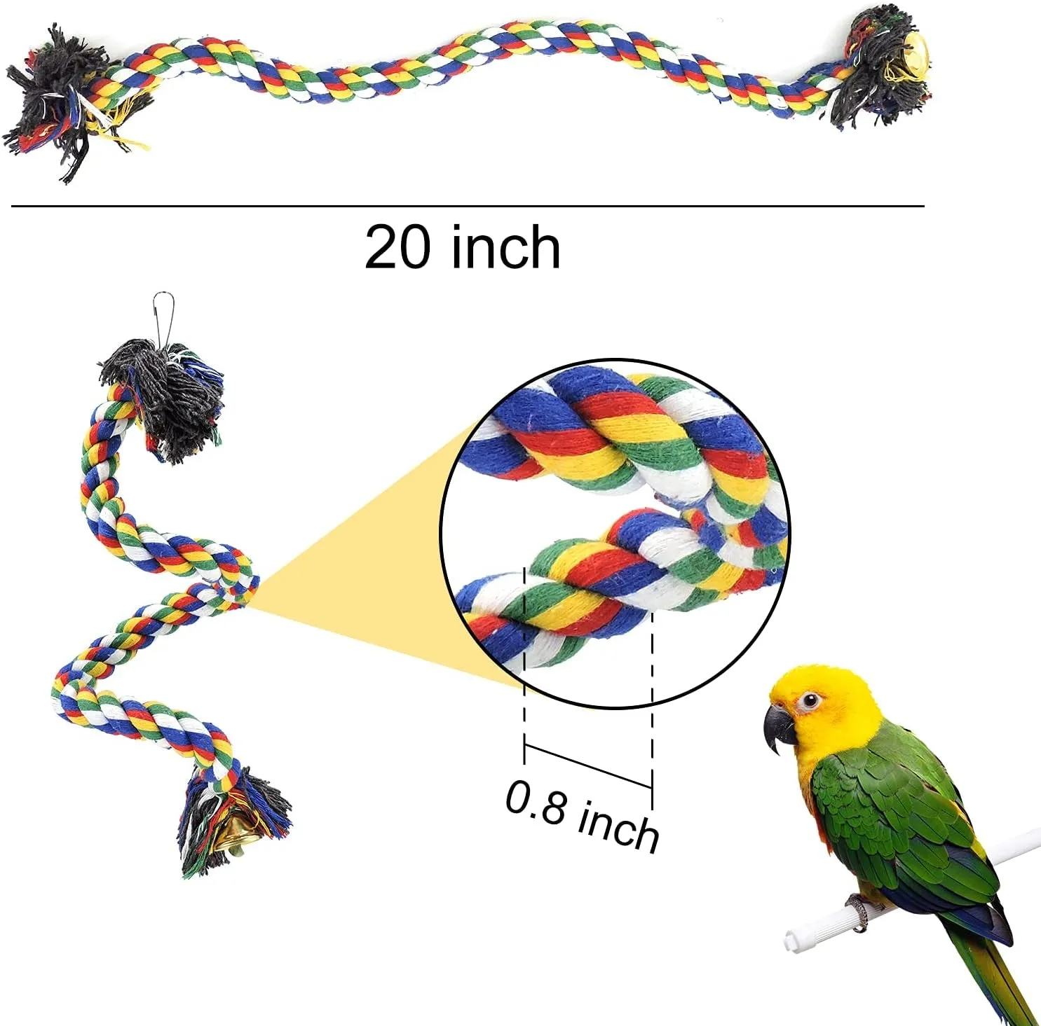 Bird Perches, Parrot Colorful Climbing Rope Swing Toys Parrot Stand with Bell and Hanging Clip for Parrots, Budgies, Macaws, Parakeets, and Other Small Birds. (50Cm)