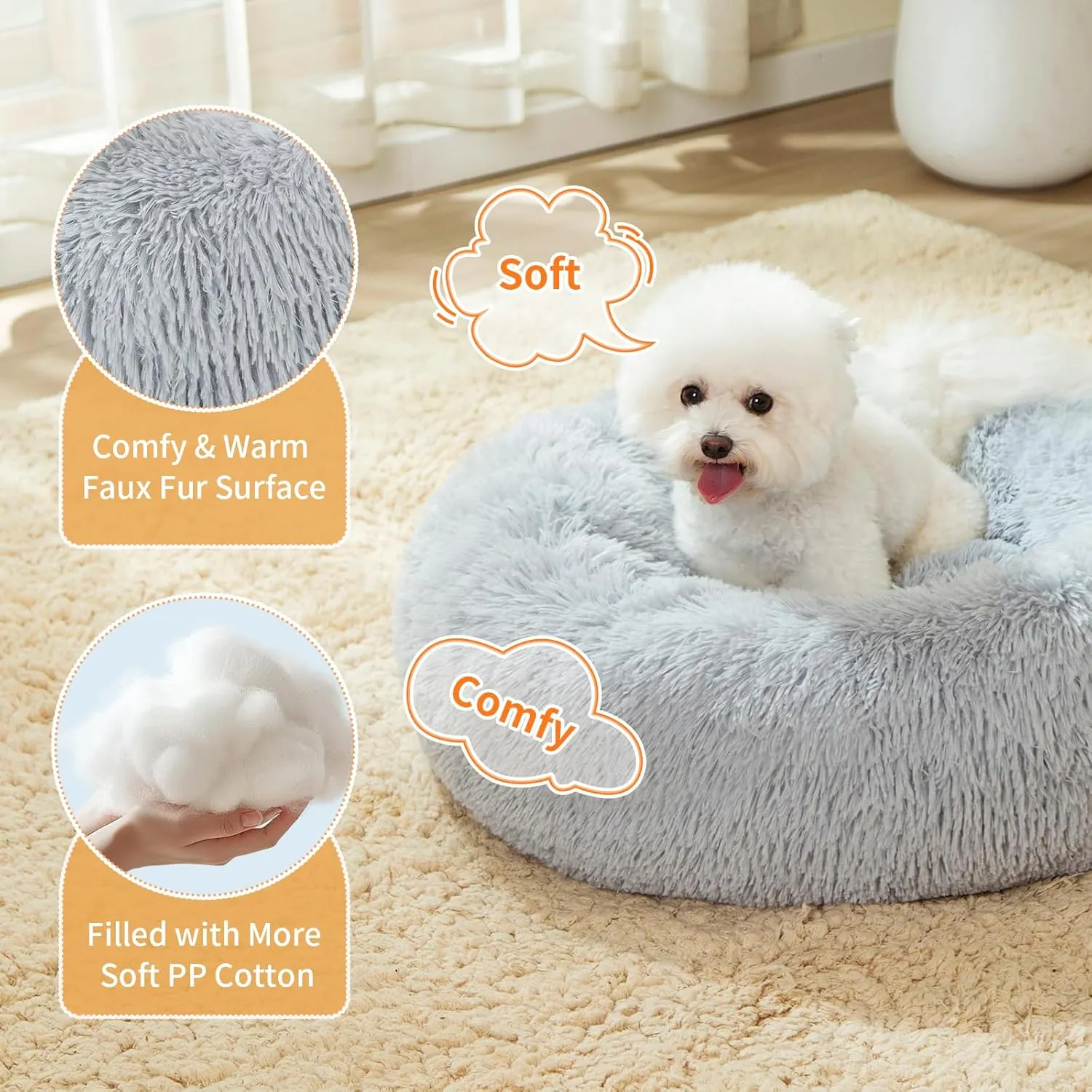 Calming Dog Bed for Small Dogs, 23 inches Anti-Slip Round Fluffy Plush Faux Fur Small Pet Bed, Donut Washable Large Cat Bed, Fits up to 25 lbs Pets, Gray