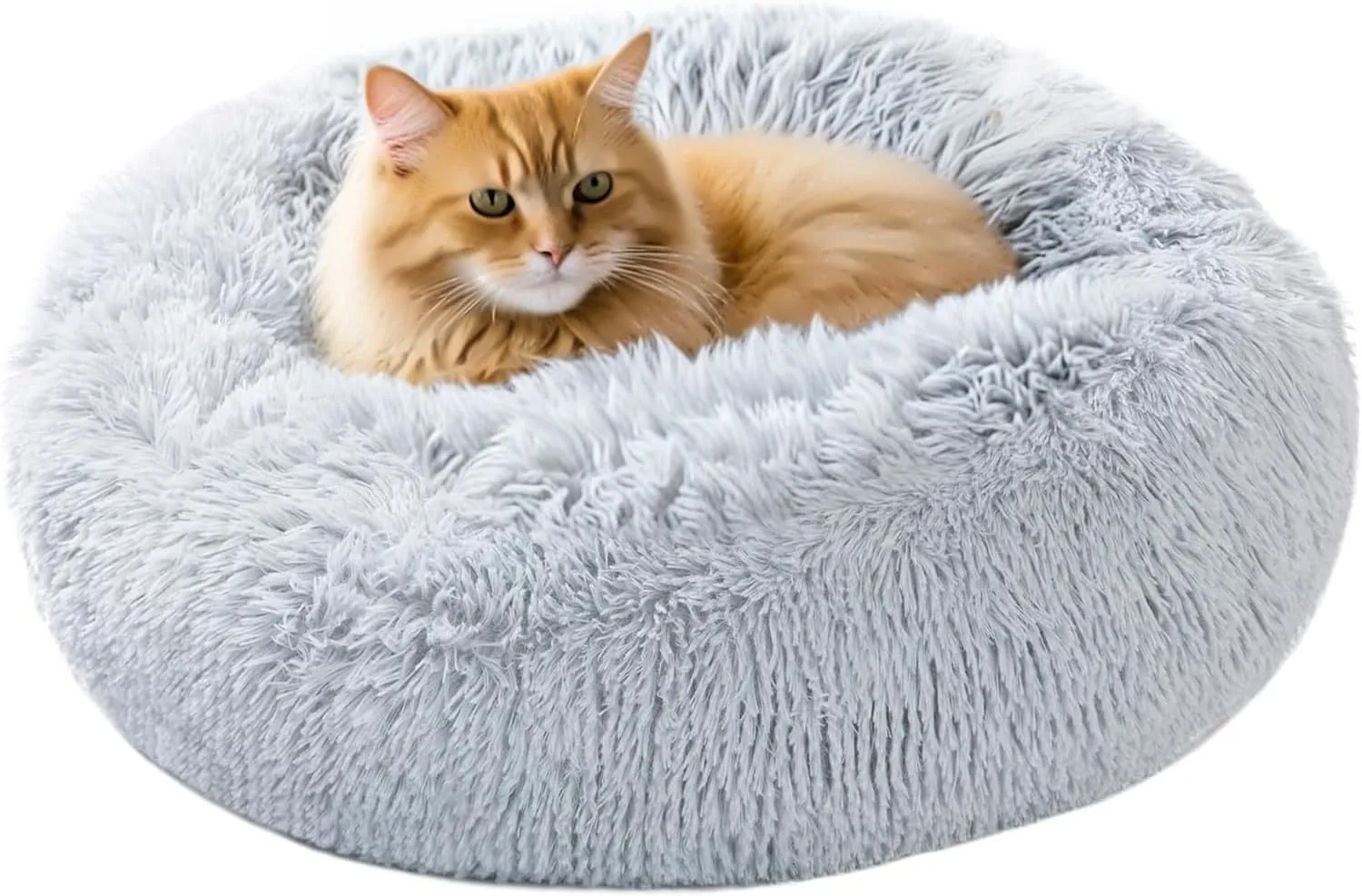 Calming Dog Bed for Small Dogs, 23 inches Anti-Slip Round Fluffy Plush Faux Fur Small Pet Bed, Donut Washable Large Cat Bed, Fits up to 25 lbs Pets, Gray