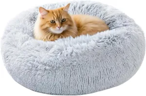 Calming Dog Bed for Small Dogs, 23 inches Anti-Slip Round Fluffy Plush Faux Fur Small Pet Bed, Donut Washable Large Cat Bed, Fits up to 25 lbs Pets, Gray