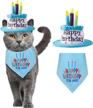 Cat Happy Birthday Cake Hat & Bandana Scarfs Set with Colorful Candles Blue, Cat Birthday Party Supplies Decorations