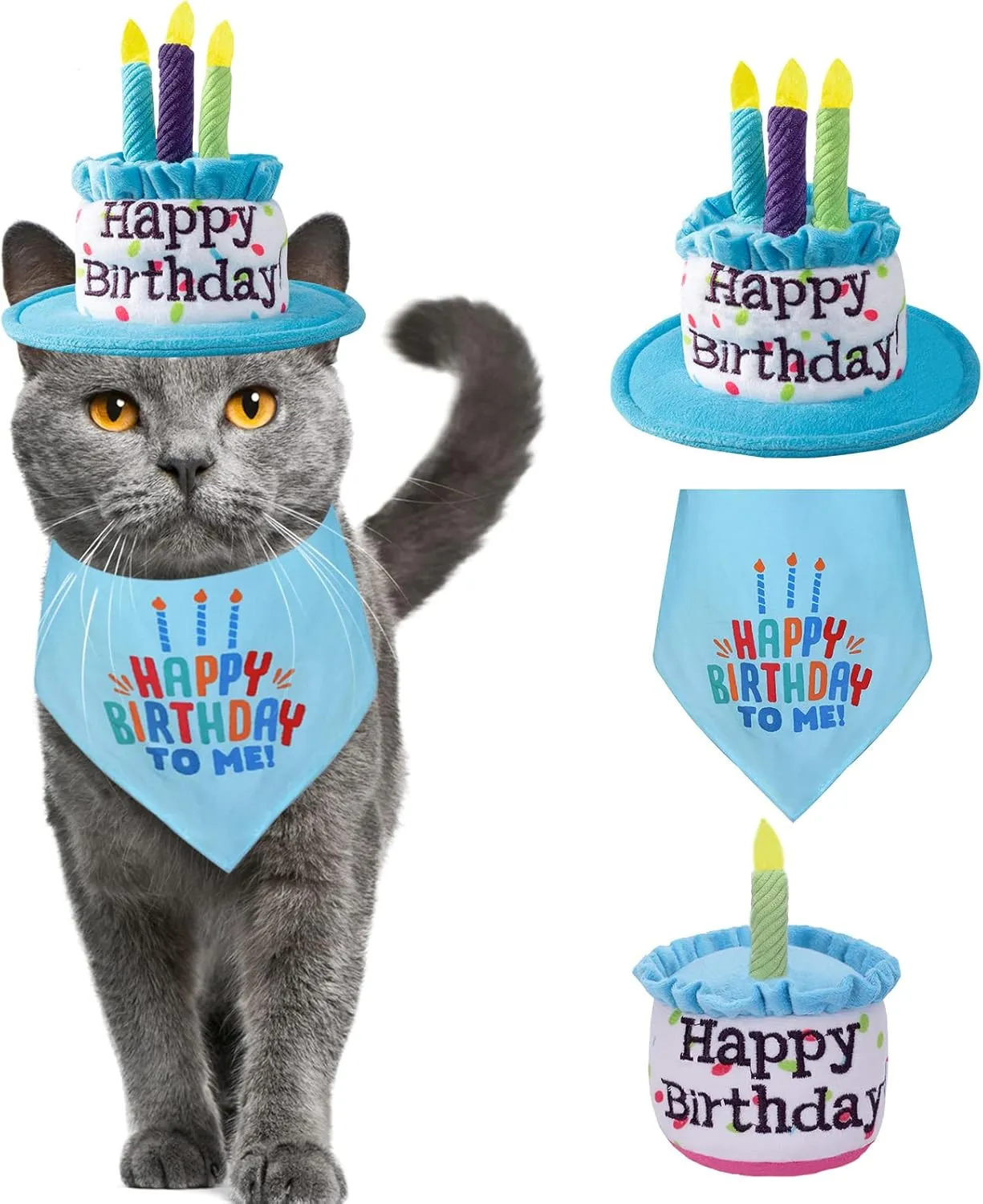 Cat Happy Birthday Cake Hat & Bandana Scarfs Set with Colorful Candles Blue, Cat Birthday Party Supplies Decorations