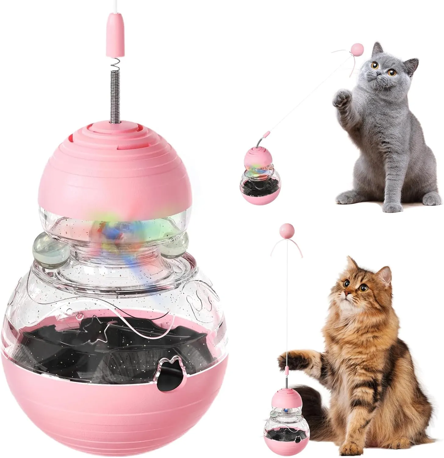 Cat Interactive Toys Engaging Wand, Slow Food Treat Dispenser, and Tumbler Design for Indoor Cats Durable, Non-Toxic, Ideal for Exercise and Boredom Relief Gift for Kitten, Pink