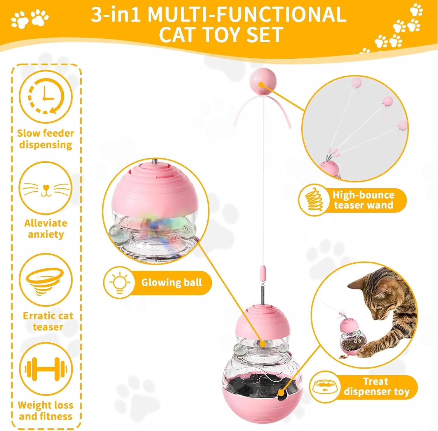 Cat Interactive Toys Engaging Wand, Slow Food Treat Dispenser, and Tumbler Design for Indoor Cats Durable, Non-Toxic, Ideal for Exercise and Boredom Relief Gift for Kitten, Pink