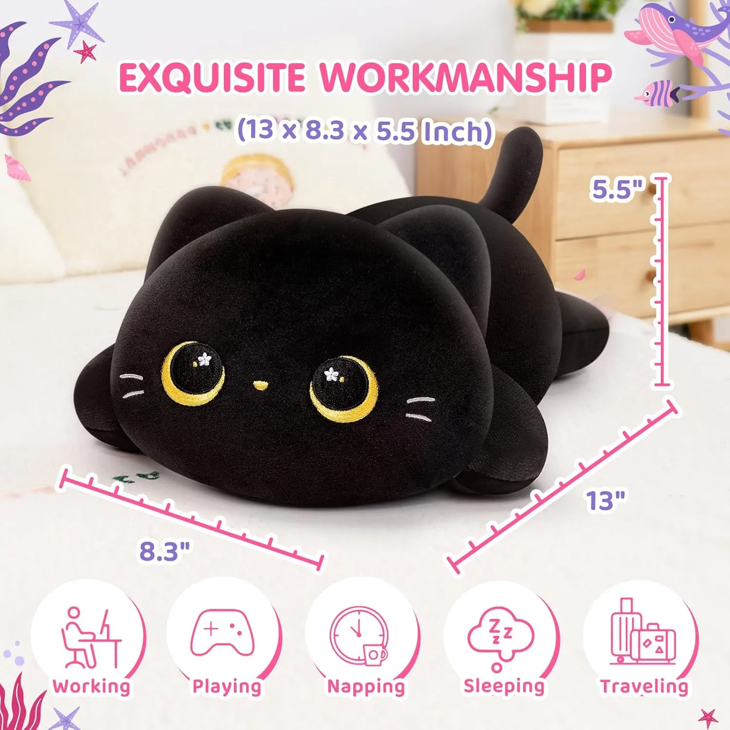 Cute Black Cat Plush Pillow, Kawaii Plushies Black Cat Stuffed Animals, Squishy Plushies, Cuddle Plush Pillow for Kids & Girls