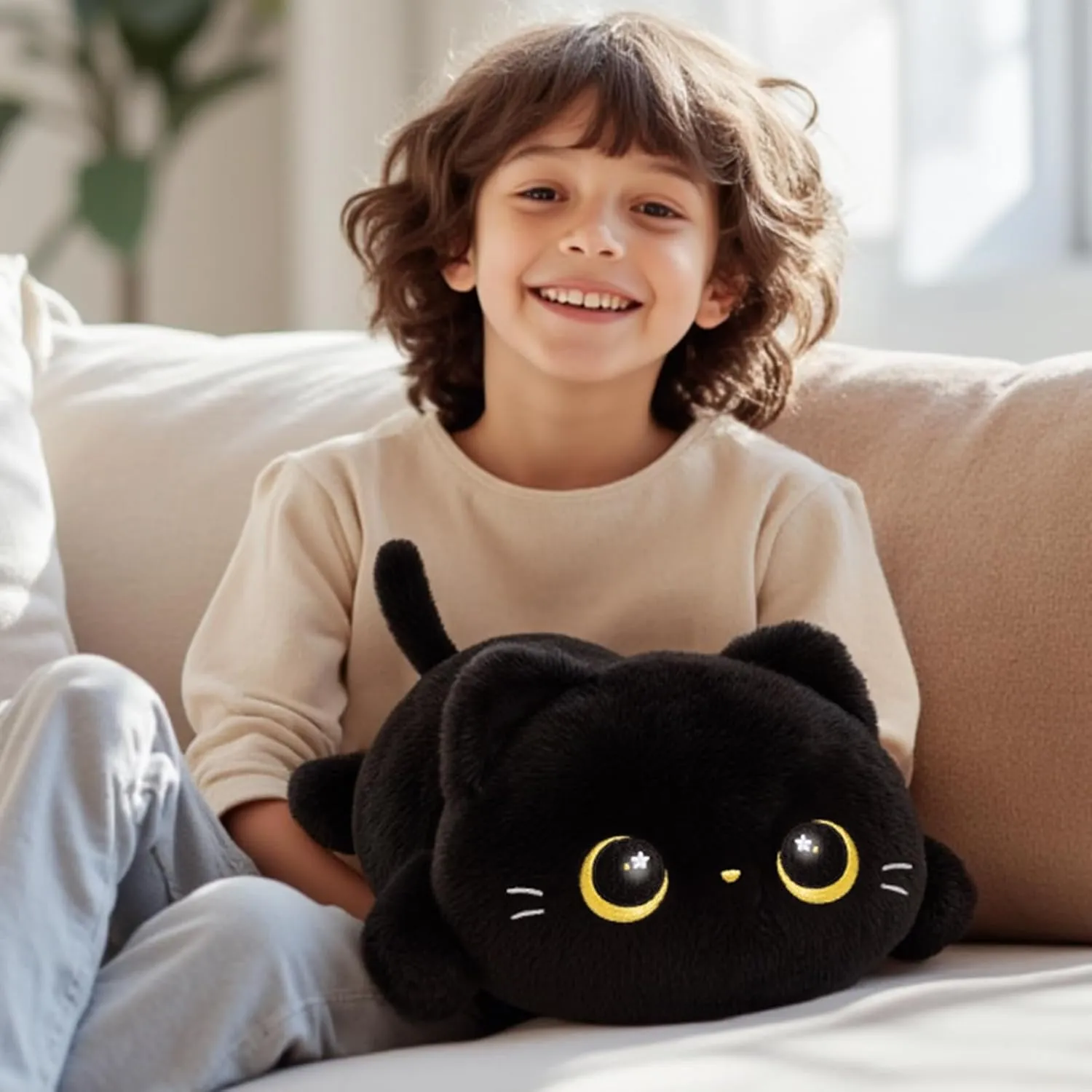 Cute Black Cat Plush Pillow, Kawaii Plushies Black Cat Stuffed Animals, Squishy Plushies, Cuddle Plush Pillow for Kids & Girls