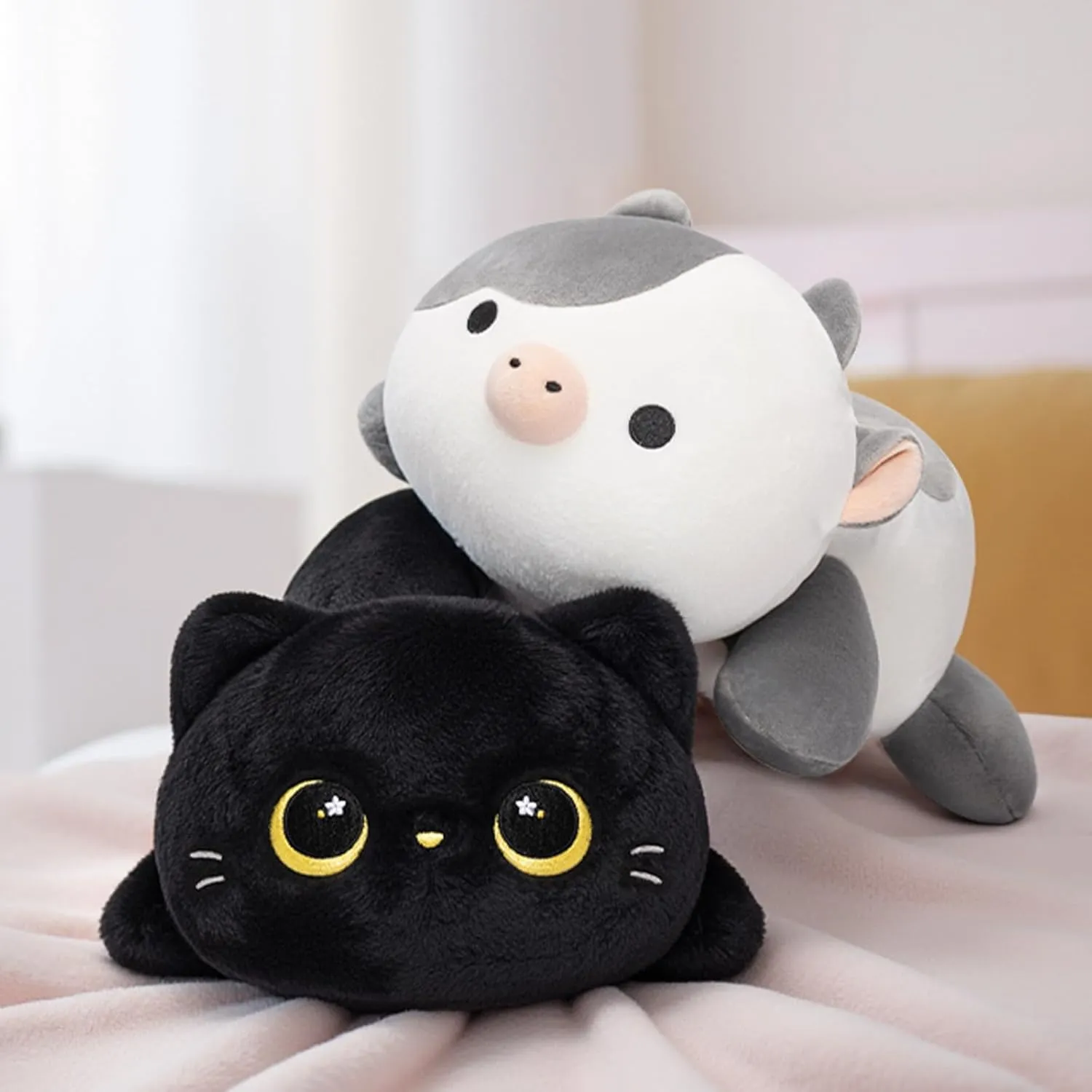 Cute Black Cat Plush Pillow, Kawaii Plushies Black Cat Stuffed Animals, Squishy Plushies, Cuddle Plush Pillow for Kids & Girls