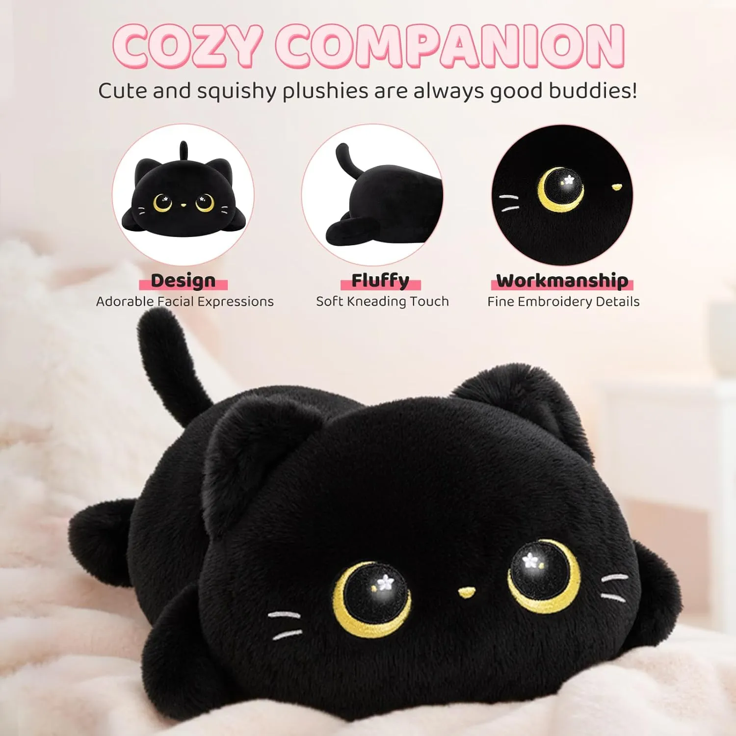 Cute Black Cat Plush Pillow, Kawaii Plushies Black Cat Stuffed Animals, Squishy Plushies, Cuddle Plush Pillow for Kids & Girls