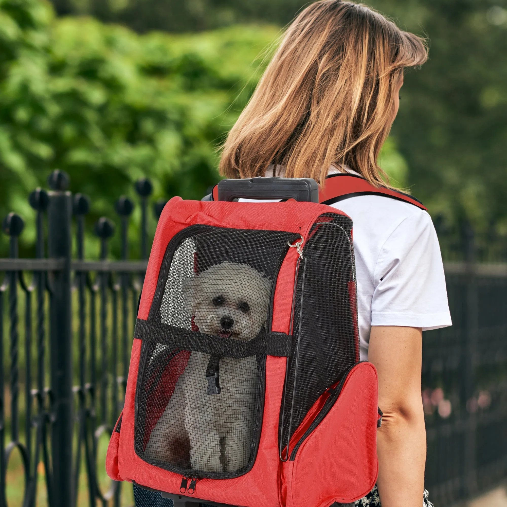 Dog Carrier Bag Travel Backpack Bag Cat Carrier Dog BagWith Trolley and Telescopic Handle 42 x 25 x 55 cm Red
