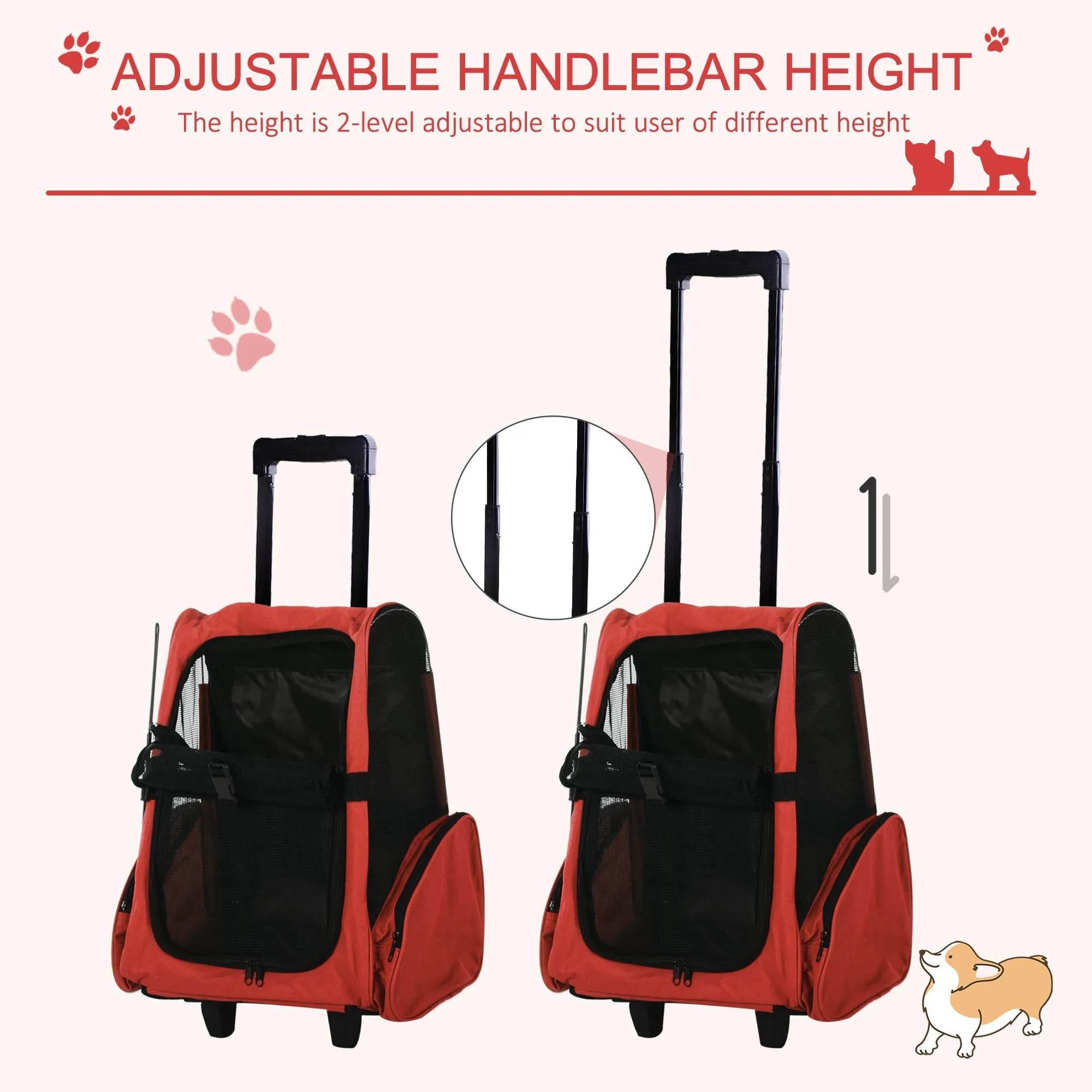 Dog Carrier Bag Travel Backpack Bag Cat Carrier Dog BagWith Trolley and Telescopic Handle 42 x 25 x 55 cm Red
