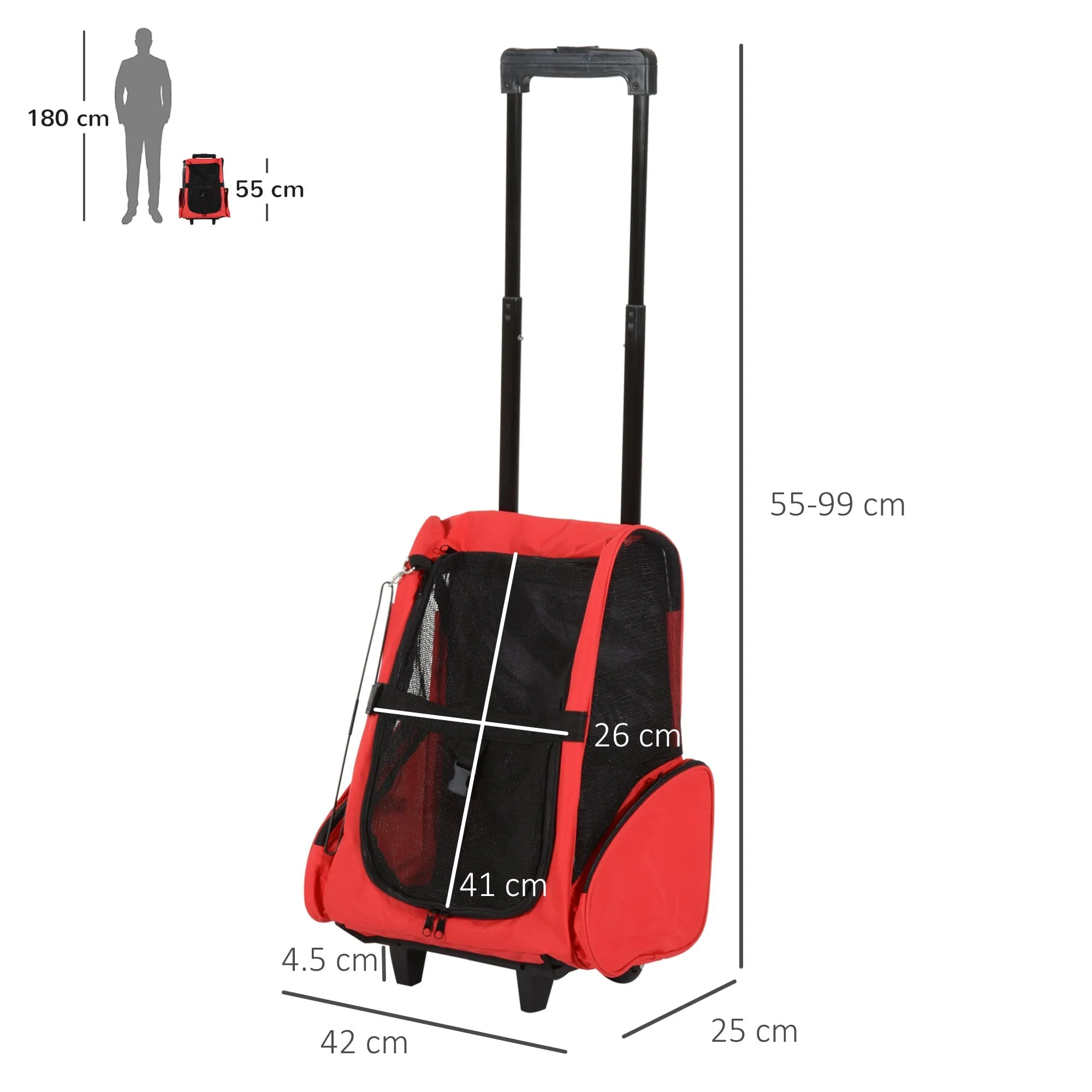 Dog Carrier Bag Travel Backpack Bag Cat Carrier Dog BagWith Trolley and Telescopic Handle 42 x 25 x 55 cm Red