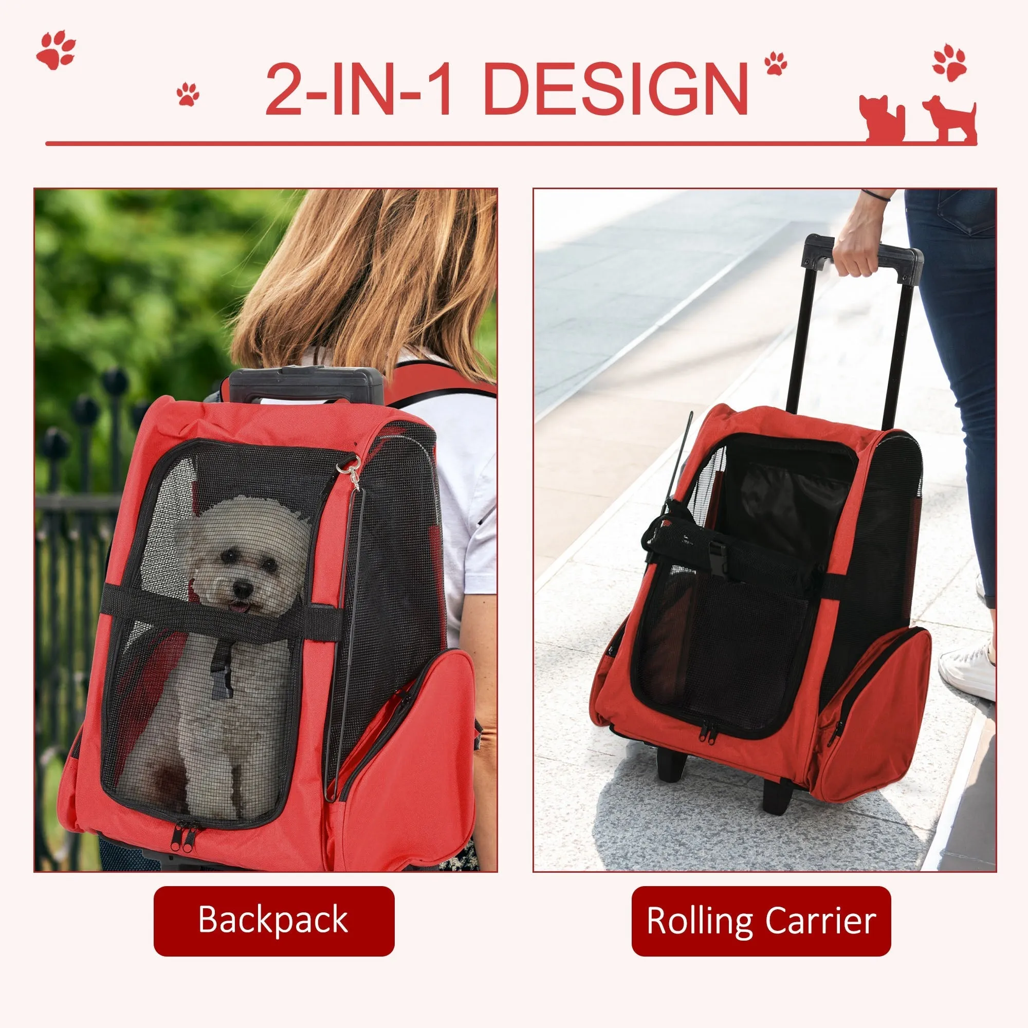 Dog Carrier Bag Travel Backpack Bag Cat Carrier Dog BagWith Trolley and Telescopic Handle 42 x 25 x 55 cm Red