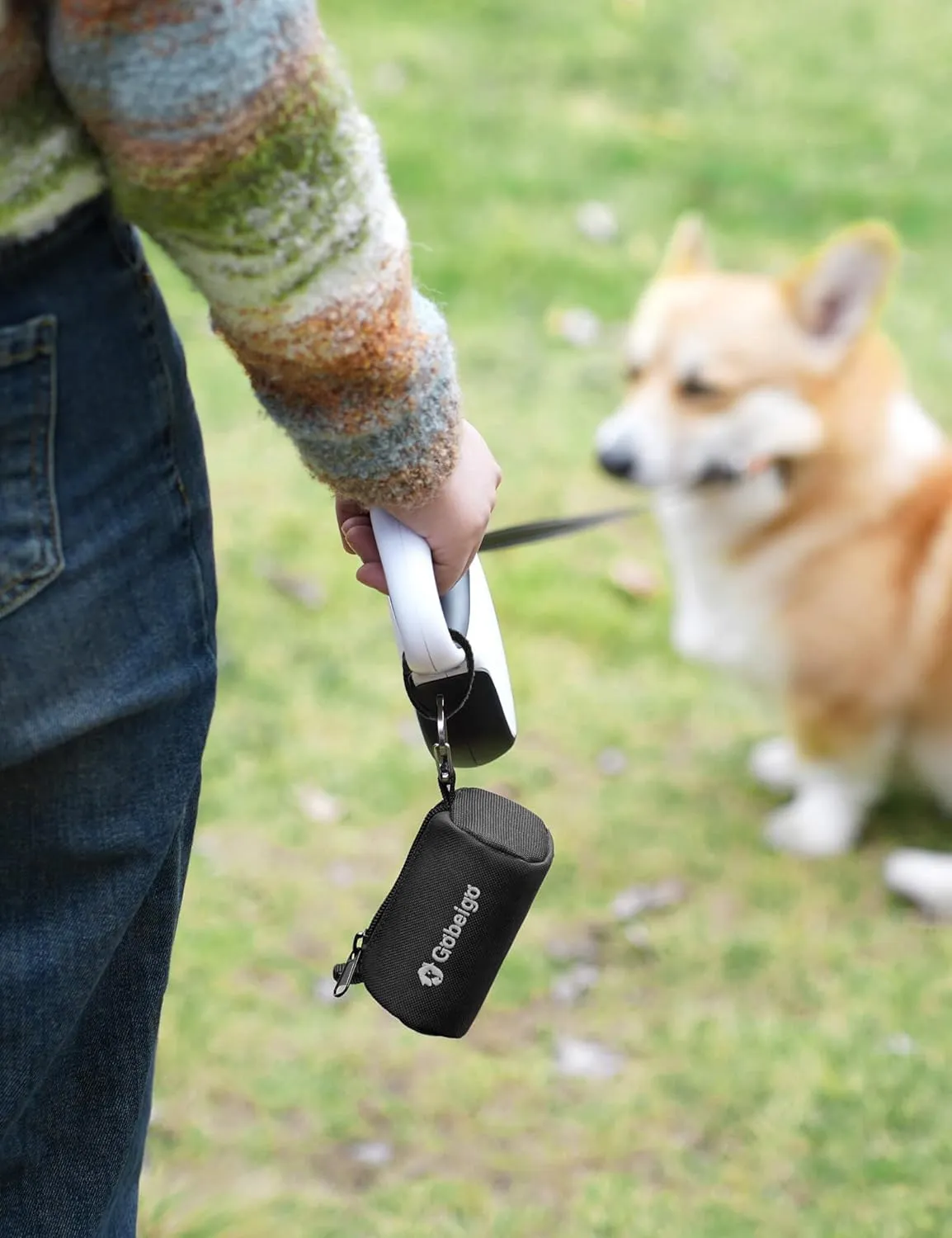 Gobeigo Dog Poop Bag Holder for Leash, Large Opening for Easy Pull Out, Doggy Poo Bag Dispenser with Used Waste Bag Carrier Suitable for Any Retractable Leash with 15 Unscented Bags (Black)
