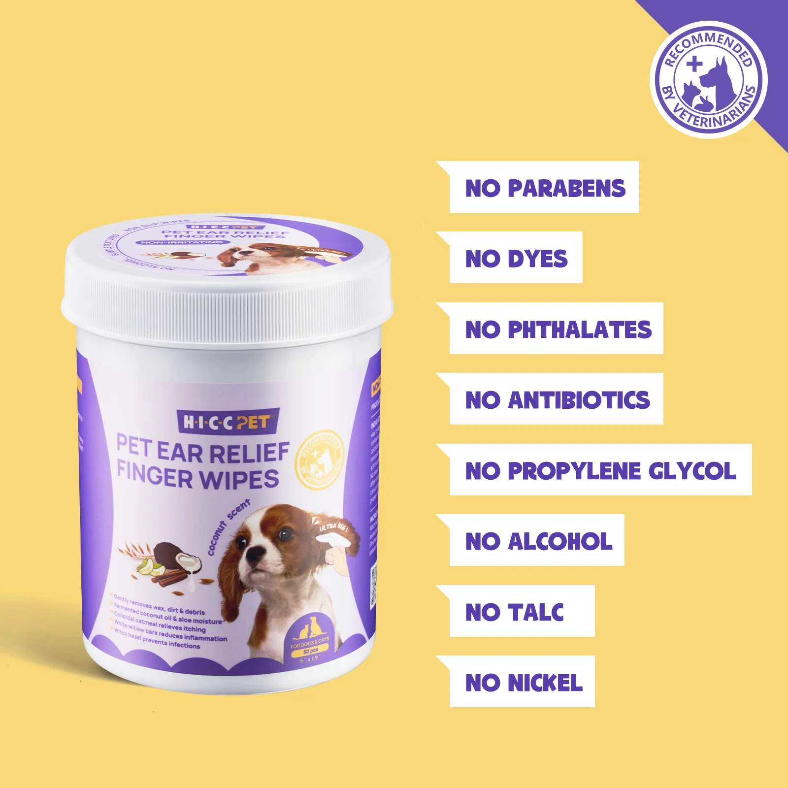 HICC Pet® Pet Ear Relief Finger Wipes For Dogs, Coconut Scent, 50 Pcs
