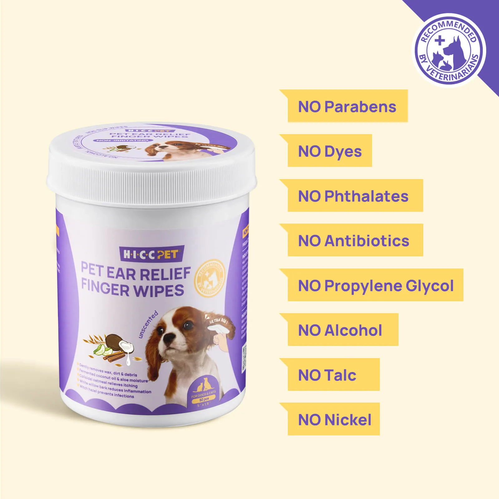 HICC Pet® Pet Ear Relief Finger Wipes For Dogs, Unscented, 50 Pcs