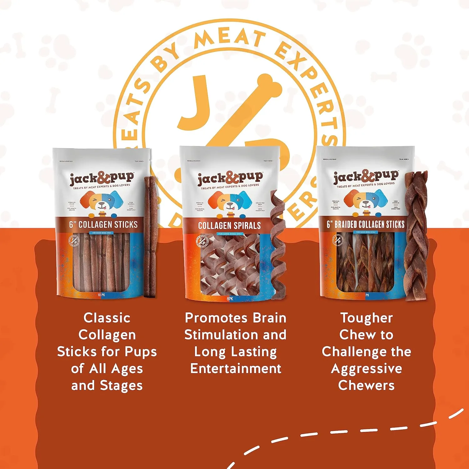Jack&Pup 6" Braided Beef Collagen Sticks for Dogs - Rawhide Free Dog Chews Long Lasting Collagen Chews for Dogs - Bully Sticks Alternative (8 Pack)