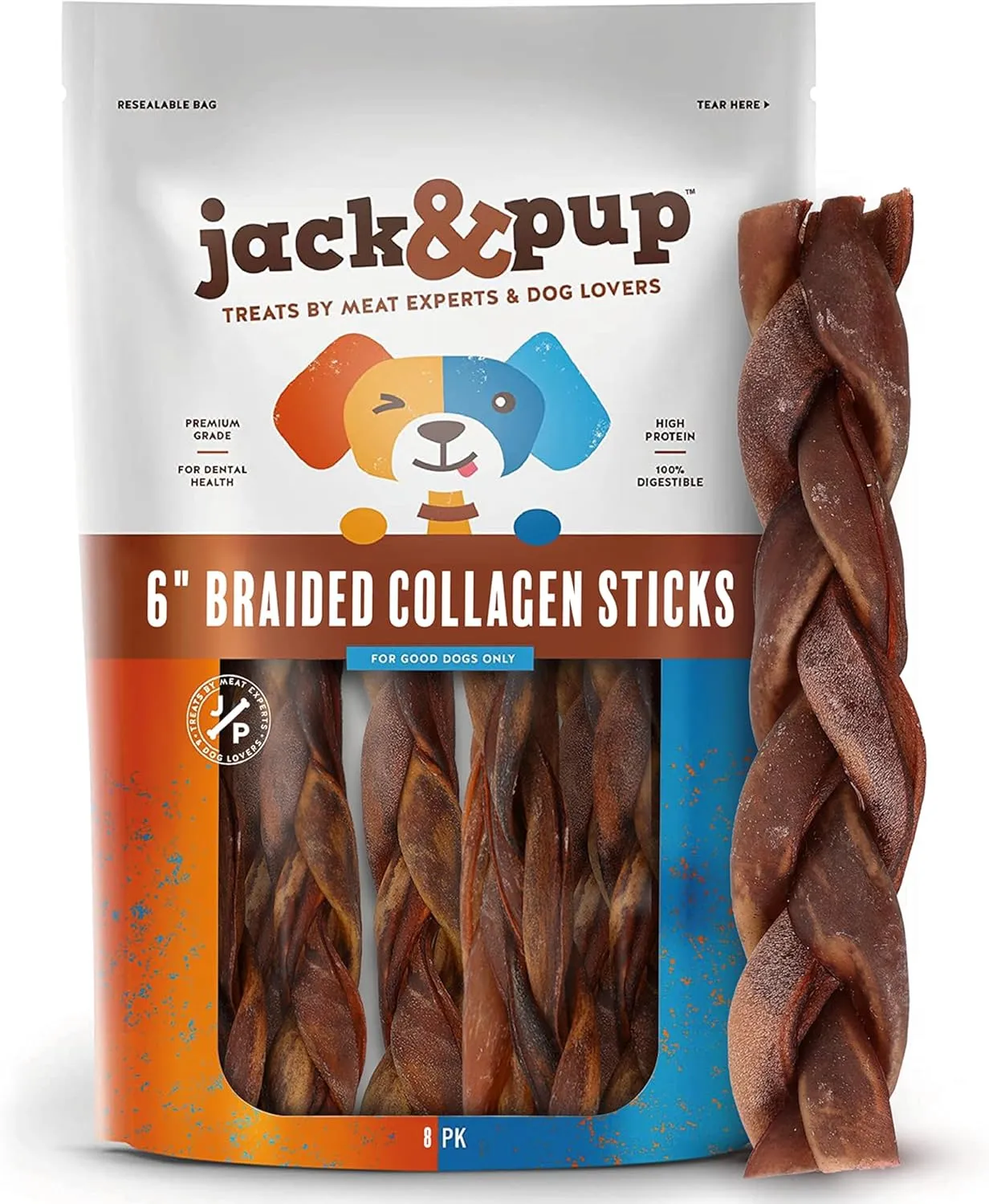 Jack&Pup 6" Braided Beef Collagen Sticks for Dogs - Rawhide Free Dog Chews Long Lasting Collagen Chews for Dogs - Bully Sticks Alternative (8 Pack)