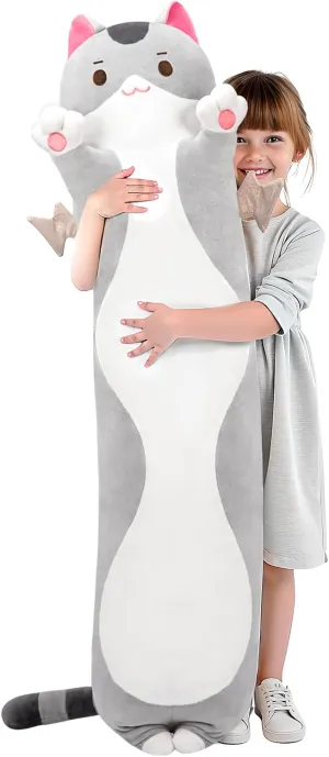 Long Cat Plush 5 Sizes, 120% Extra Filling Giant Plushness Kids Body Pillow, Kawaii Cute Grey Cat Stuffed Animals Plushies, Big Long Body Pillow Cat Plush Gift for Girls 20
