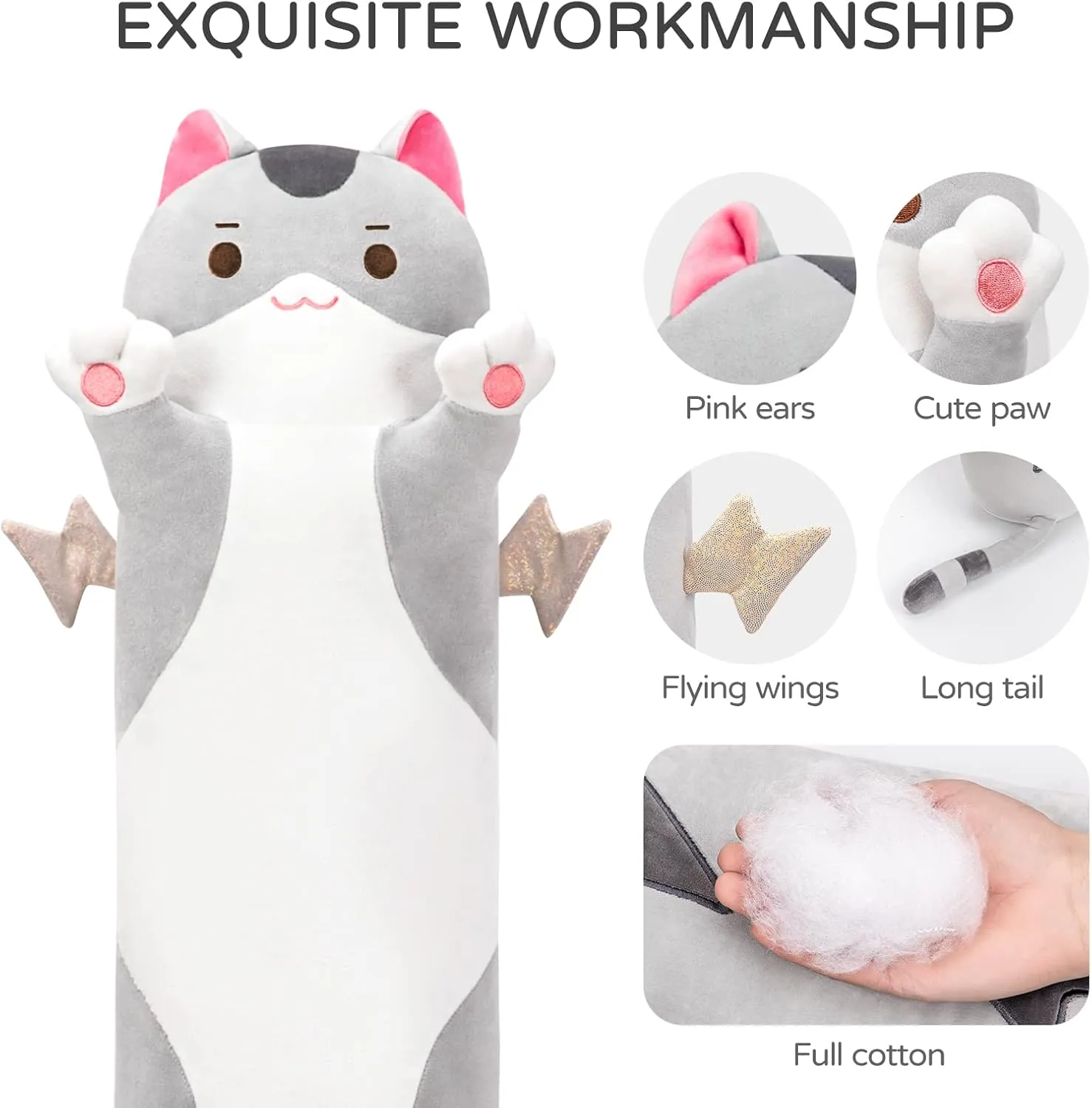 Long Cat Plush 5 Sizes, 120% Extra Filling Giant Plushness Kids Body Pillow, Kawaii Cute Grey Cat Stuffed Animals Plushies, Big Long Body Pillow Cat Plush Gift for Girls 20