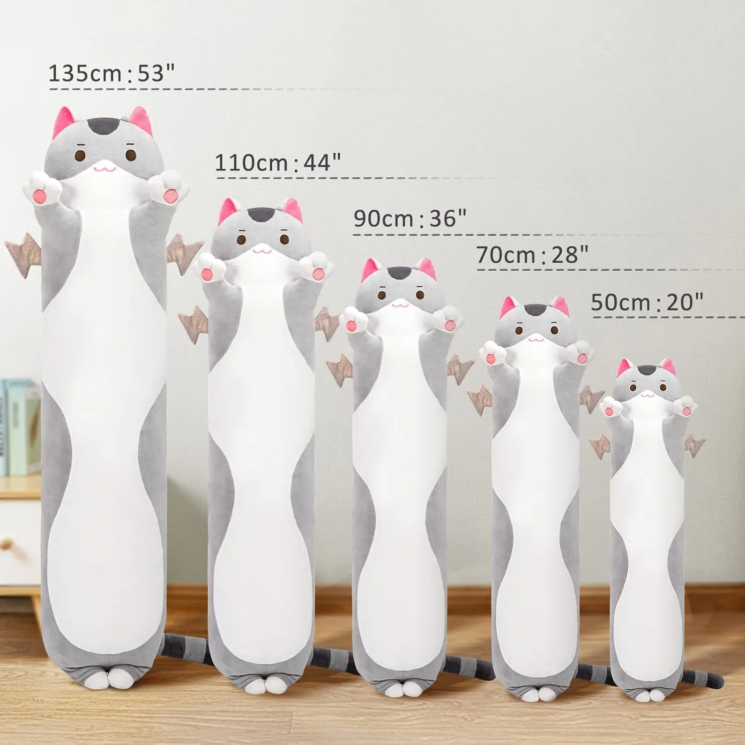 Long Cat Plush 5 Sizes, 120% Extra Filling Giant Plushness Kids Body Pillow, Kawaii Cute Grey Cat Stuffed Animals Plushies, Big Long Body Pillow Cat Plush Gift for Girls 20