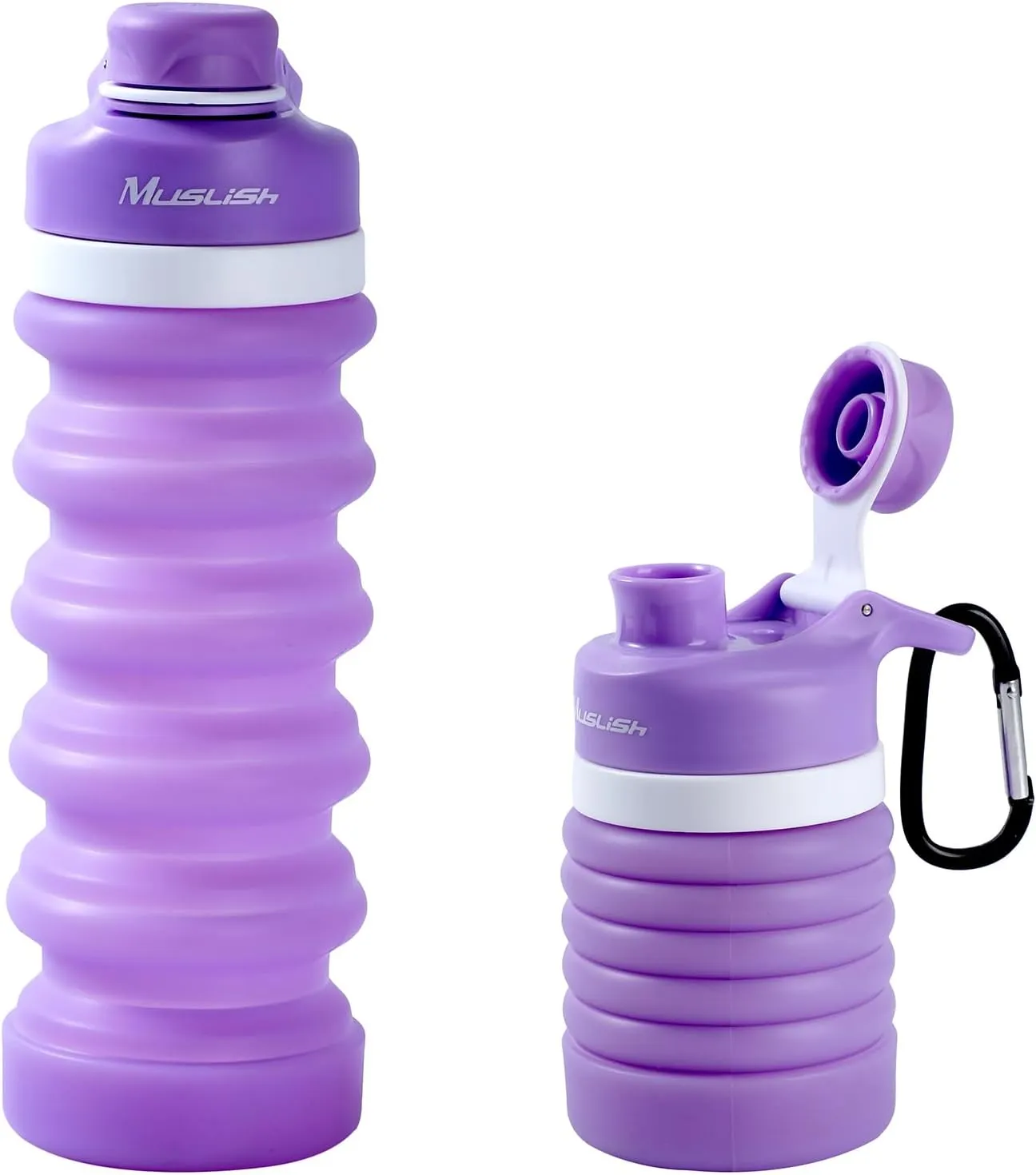 Muslish Collapsible Water Bottle 20 oz, Portable Leakproof Sports Water Bottle for Travel Hiking Backpack with Carabiner, Food-Grade Silicone BPA Free