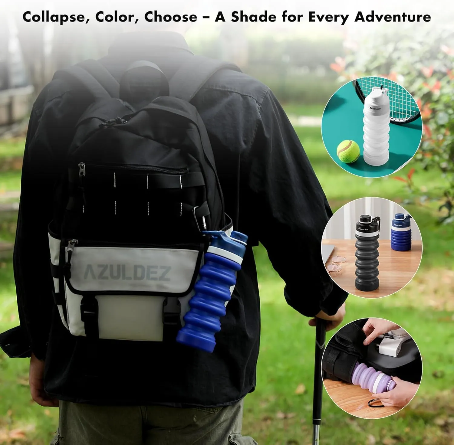 Muslish Collapsible Water Bottle 20 oz, Portable Leakproof Sports Water Bottle for Travel Hiking Backpack with Carabiner, Food-Grade Silicone BPA Free