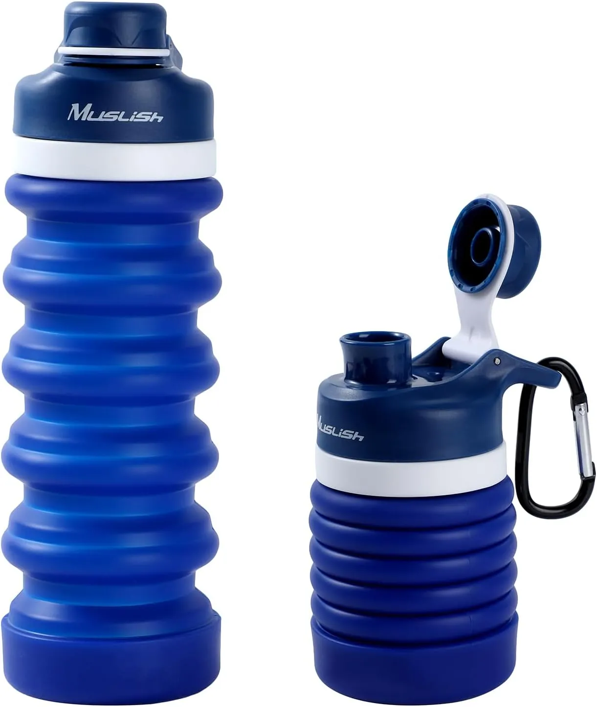 Muslish Collapsible Water Bottle 20 oz, Portable Leakproof Sports Water Bottle for Travel Hiking Backpack with Carabiner, Food-Grade Silicone BPA Free