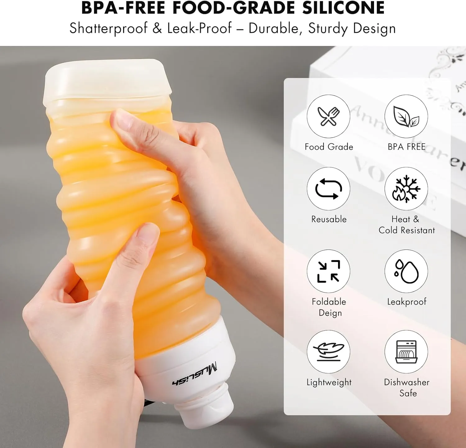 Muslish Collapsible Water Bottle 20 oz, Portable Leakproof Sports Water Bottle for Travel Hiking Backpack with Carabiner, Food-Grade Silicone BPA Free