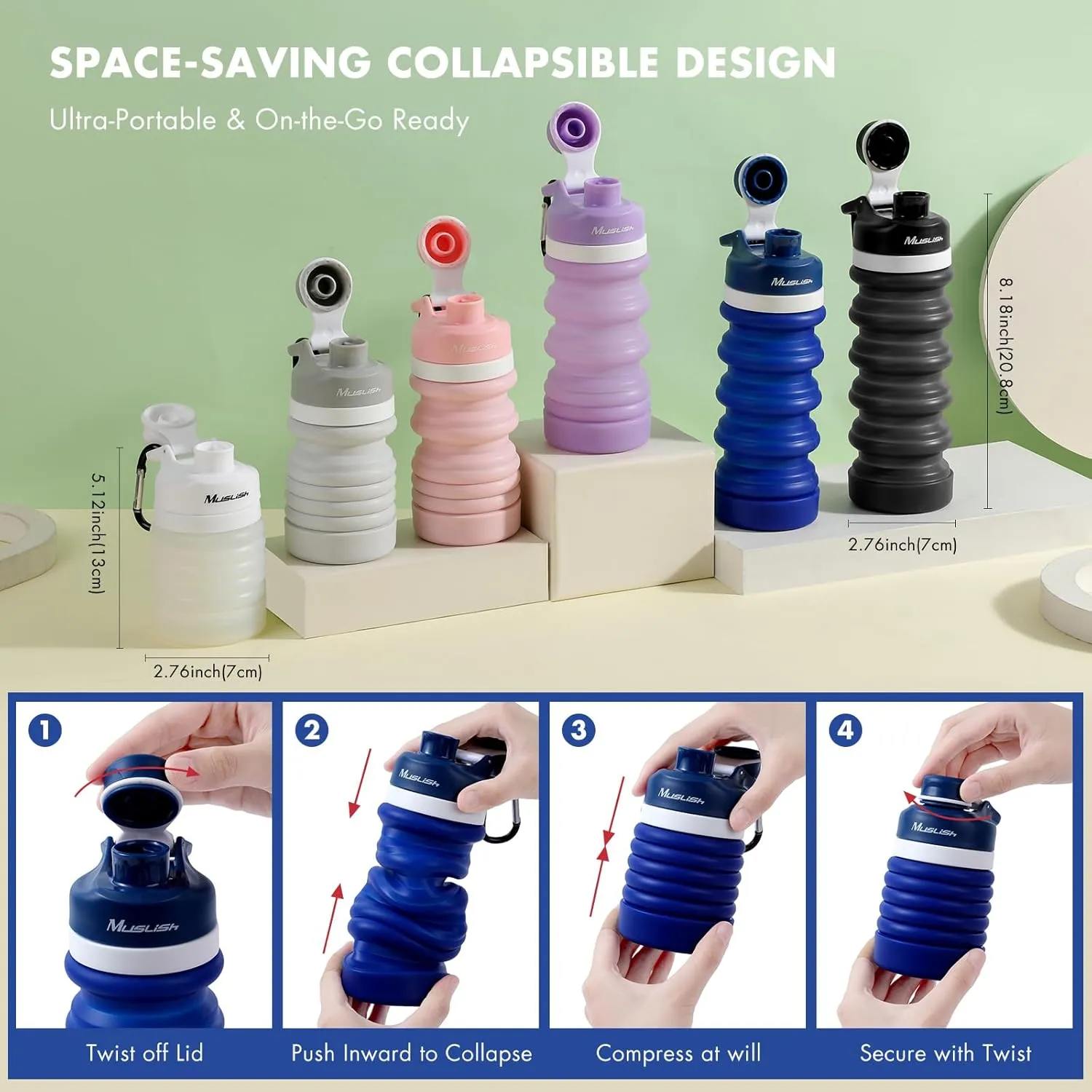Muslish Collapsible Water Bottle 20 oz, Portable Leakproof Sports Water Bottle for Travel Hiking Backpack with Carabiner, Food-Grade Silicone BPA Free