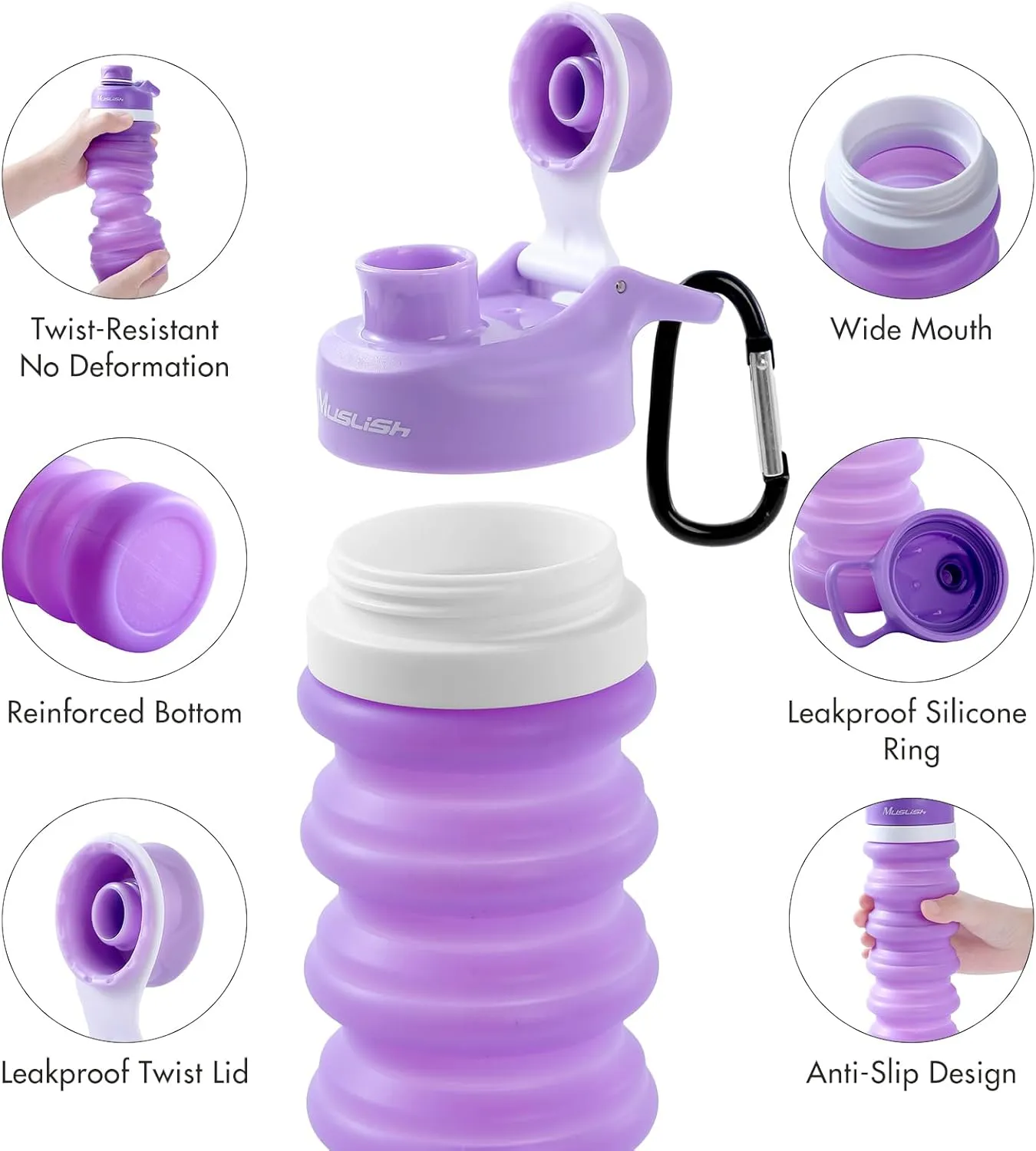 Muslish Collapsible Water Bottle 20 oz, Portable Leakproof Sports Water Bottle for Travel Hiking Backpack with Carabiner, Food-Grade Silicone BPA Free