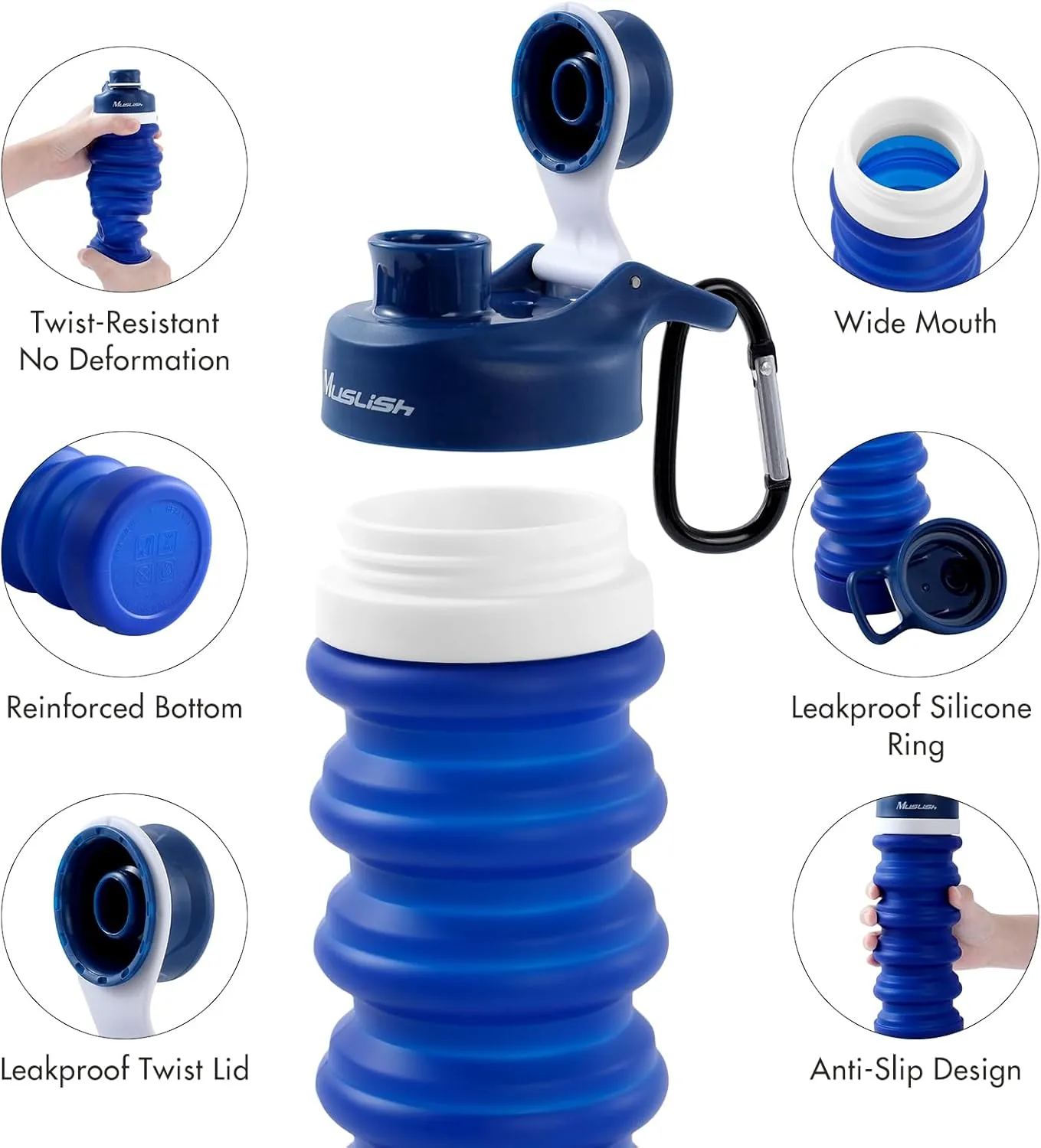 Muslish Collapsible Water Bottle 20 oz, Portable Leakproof Sports Water Bottle for Travel Hiking Backpack with Carabiner, Food-Grade Silicone BPA Free