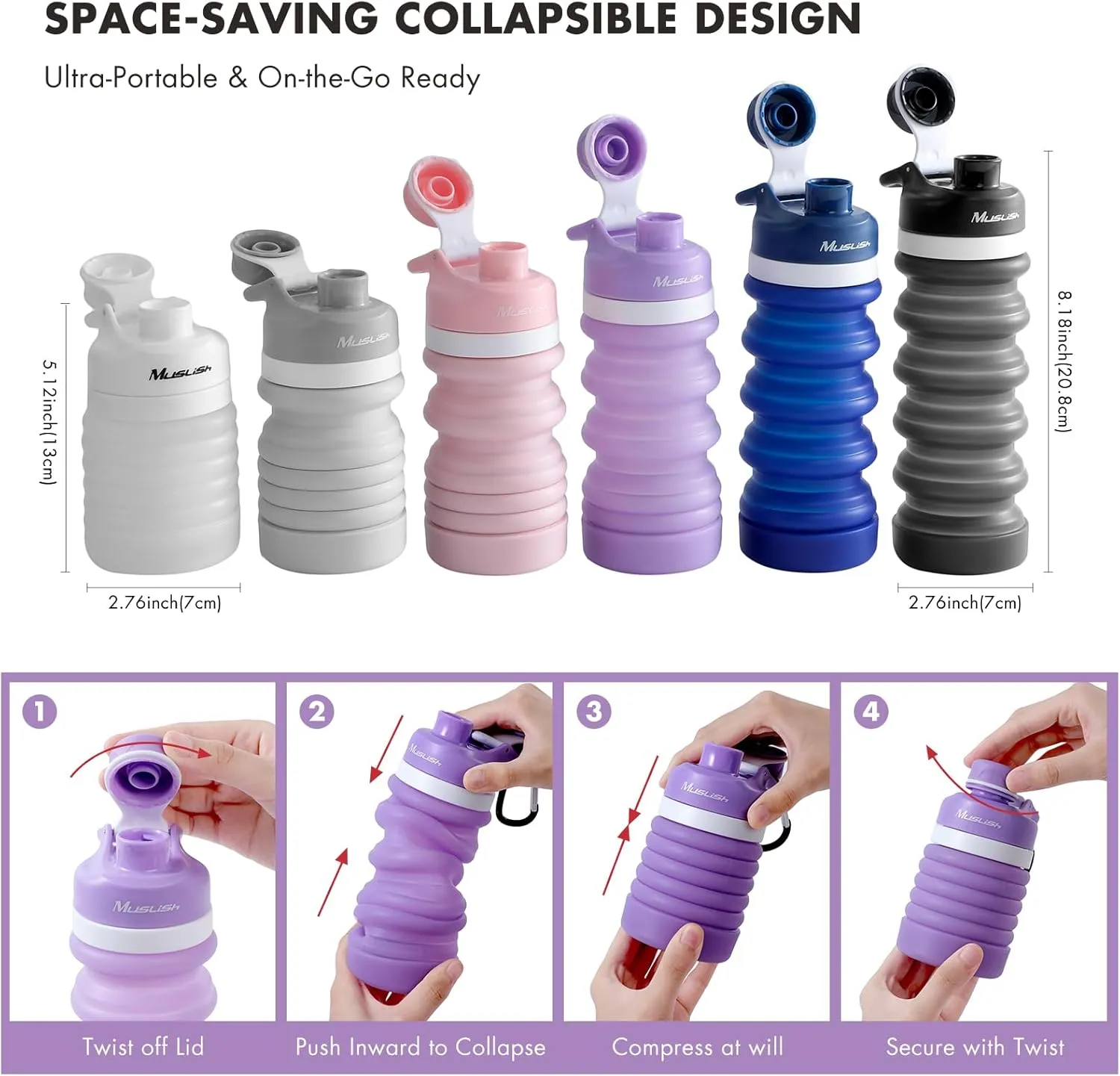 Muslish Collapsible Water Bottle 20 oz, Portable Leakproof Sports Water Bottle for Travel Hiking Backpack with Carabiner, Food-Grade Silicone BPA Free
