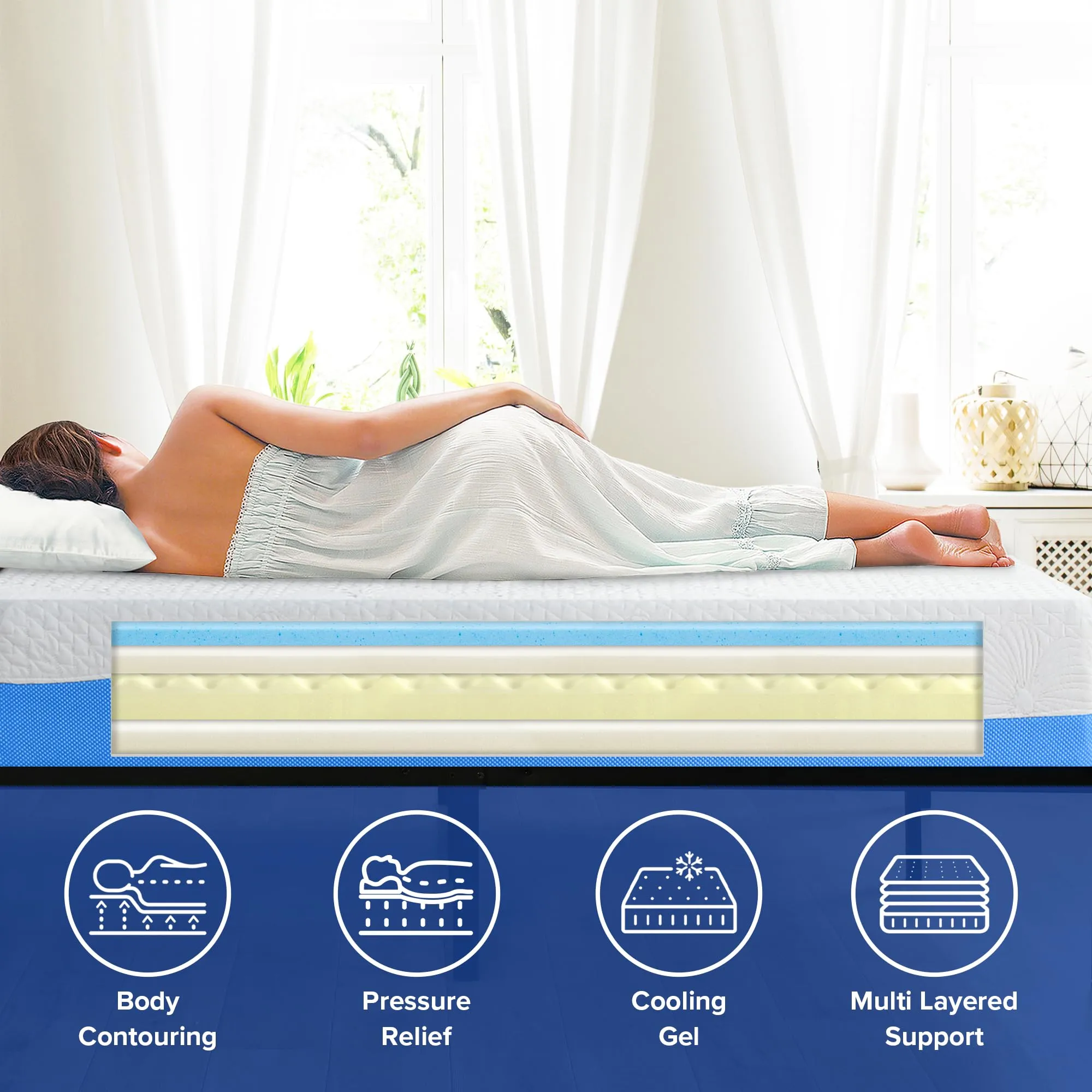 Olee Sleep Queen Mattress, 10 Inch Gel Memory Foam Mattress, Gel Infused for Comfort and Pressure Relief, CertiPUR-US Certified, Bed-in-a-Box, Medium Firm, Blue, Queen Size