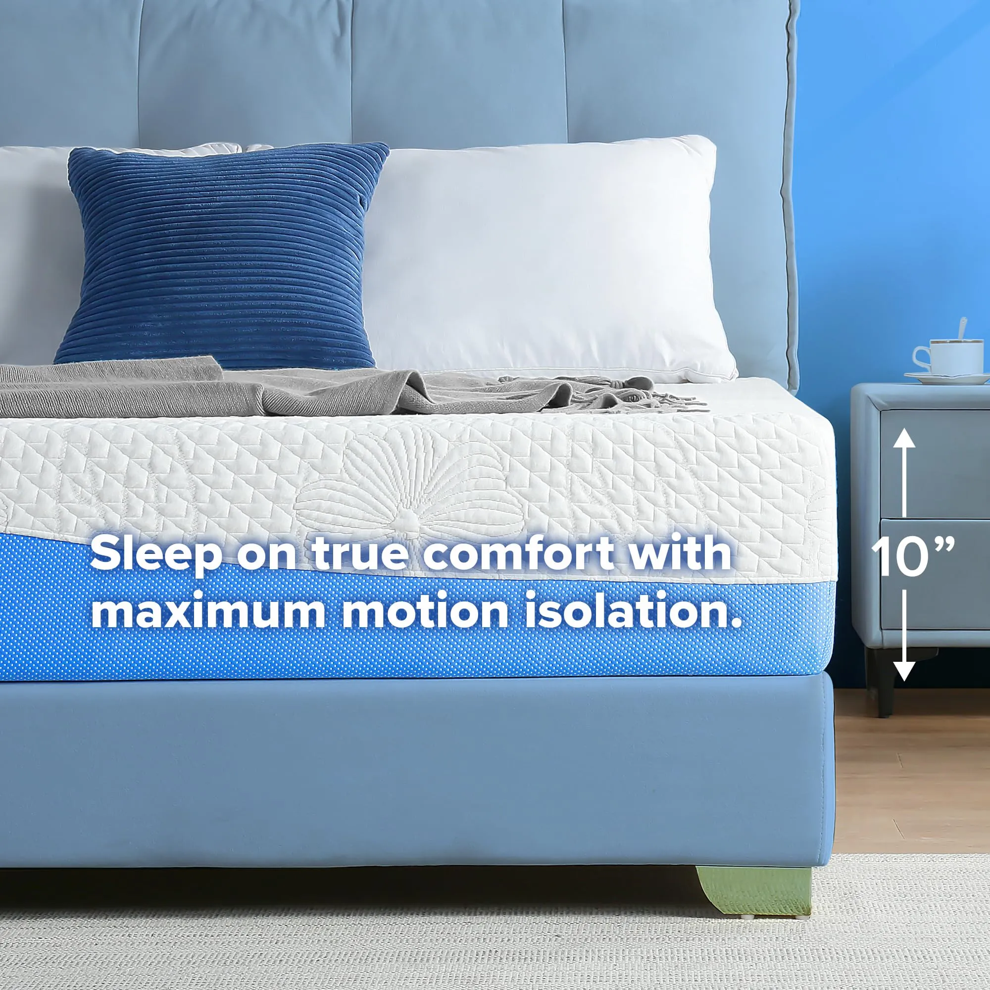 Olee Sleep Queen Mattress, 10 Inch Gel Memory Foam Mattress, Gel Infused for Comfort and Pressure Relief, CertiPUR-US Certified, Bed-in-a-Box, Medium Firm, Blue, Queen Size