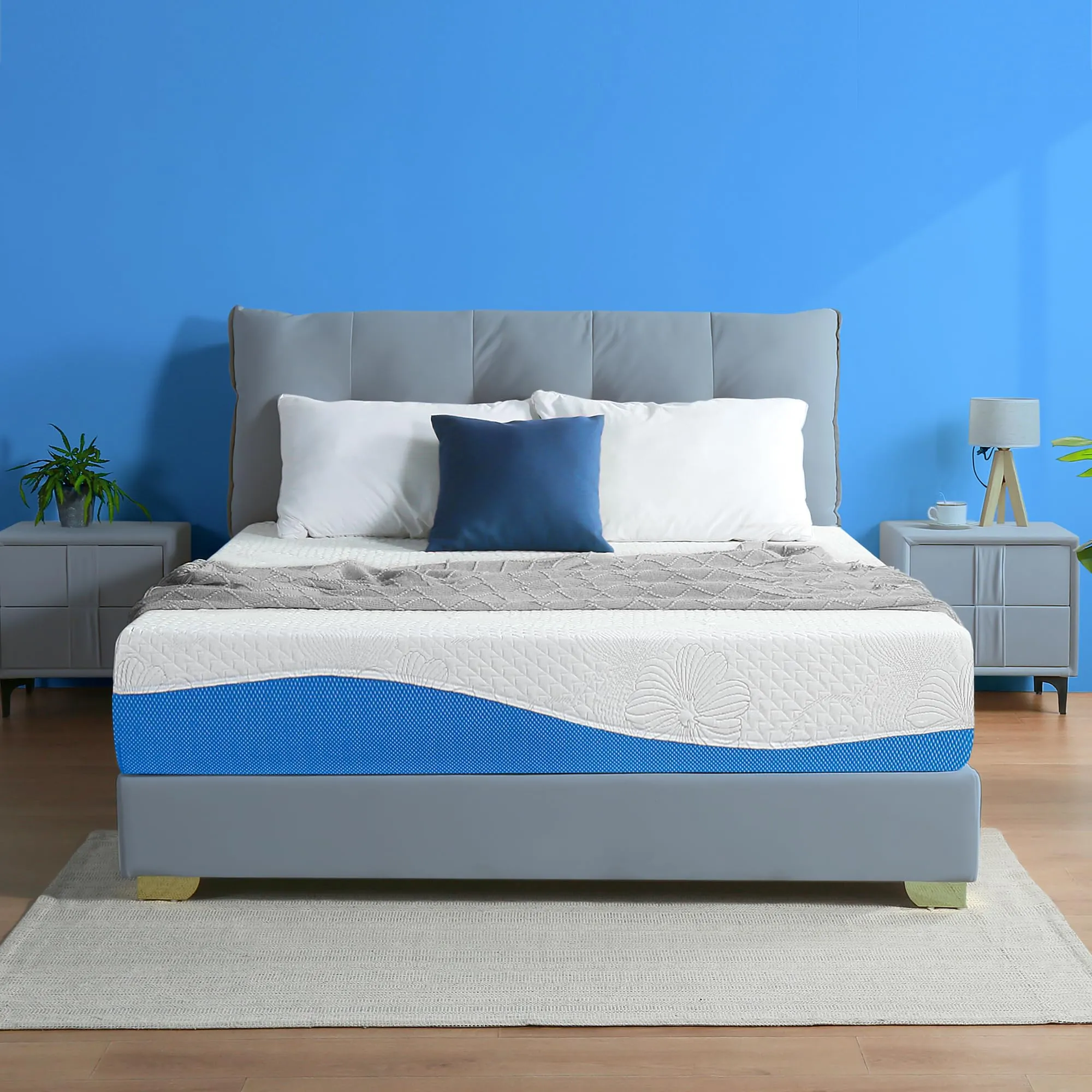 Olee Sleep Queen Mattress, 10 Inch Gel Memory Foam Mattress, Gel Infused for Comfort and Pressure Relief, CertiPUR-US Certified, Bed-in-a-Box, Medium Firm, Blue, Queen Size