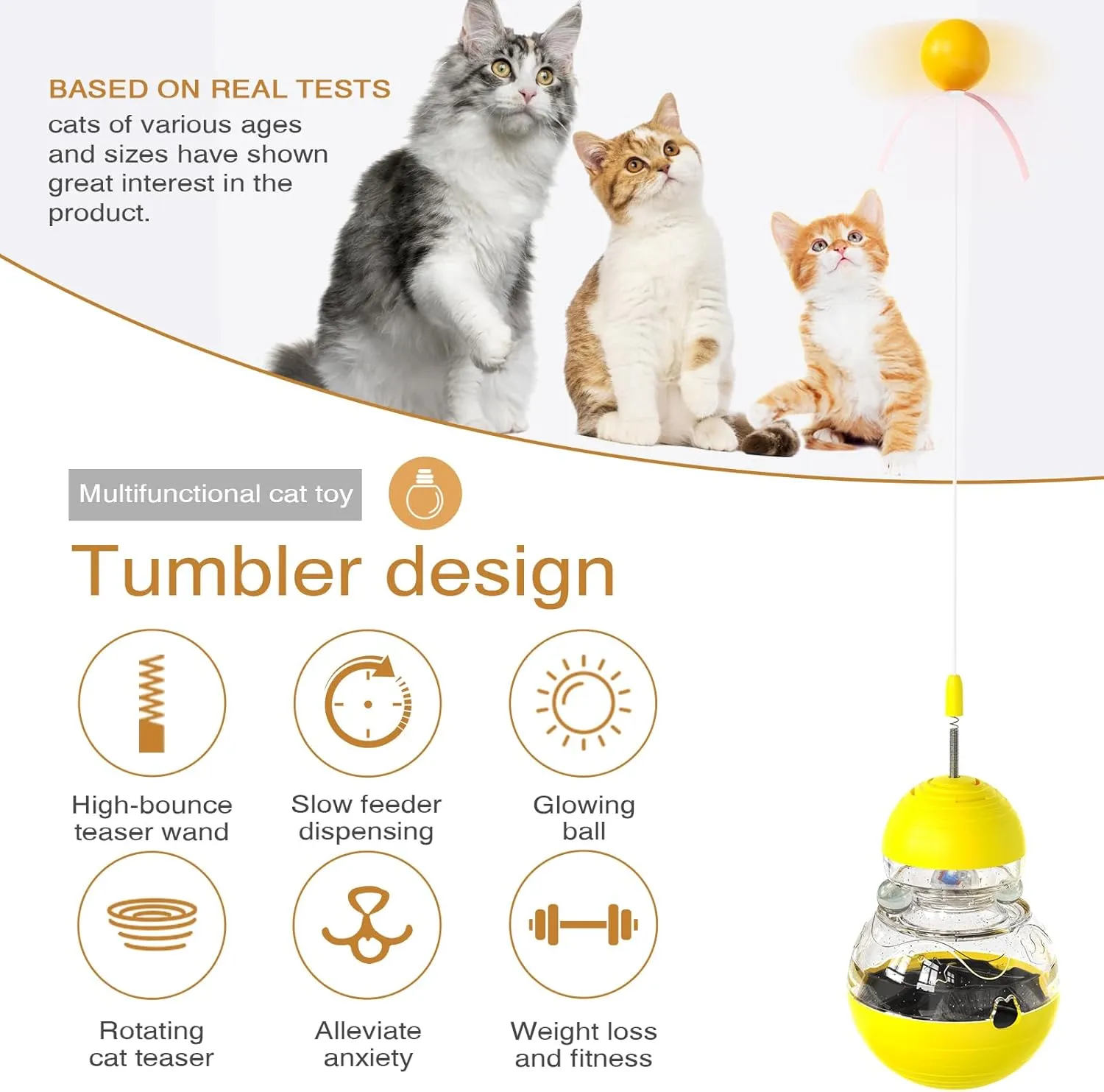 payanwin Cat Interactive Toys for Indoor Cats, Tumbler Treat DispenserKitten Wand Toy Engaging Tumbler Design Funny Balls Slow Food Dispenser Feeder (Yellow)