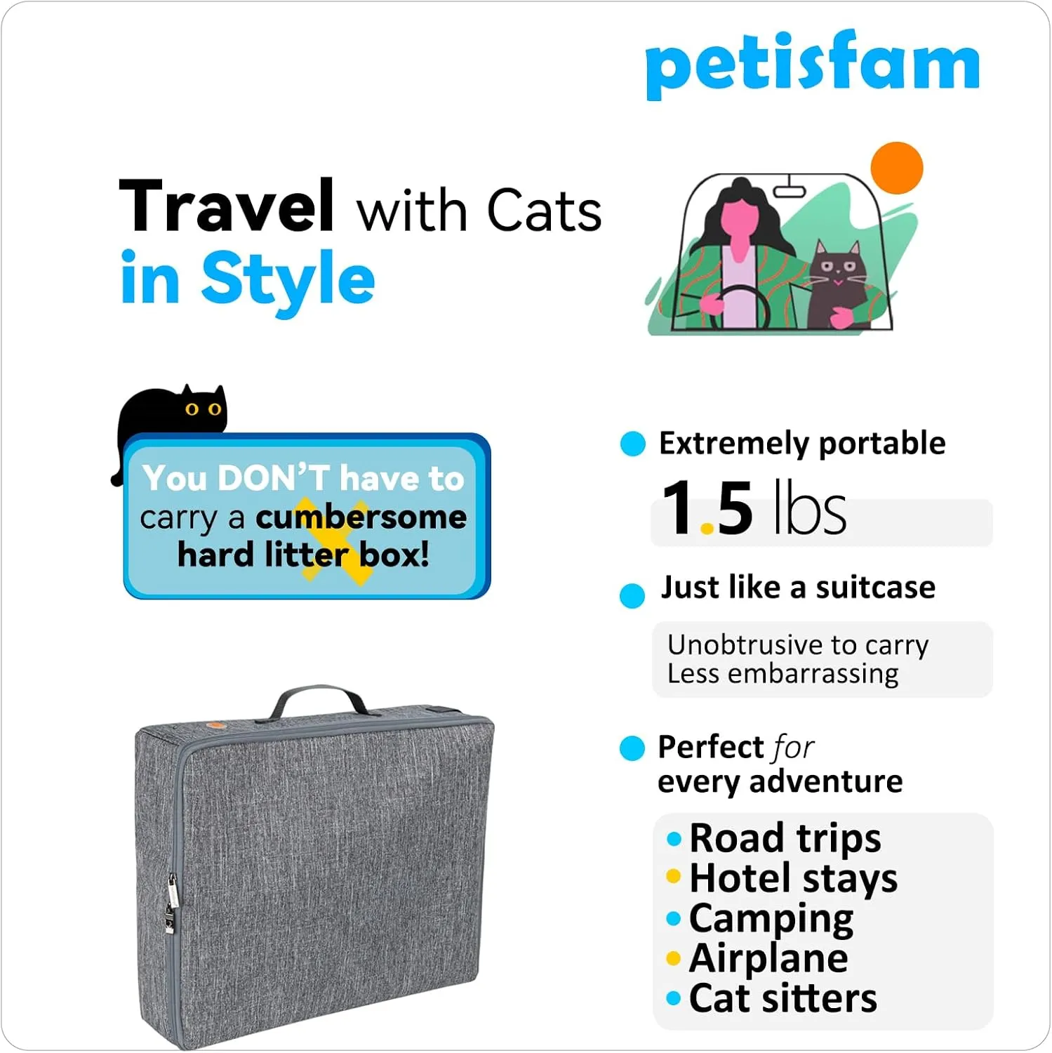 Portable Cat Travel Litter Box with Zipped Lid to Keep Everything Contained. No Odor, Leakage and Messes. Easy to Carry, Clean and Use in Car, Hotel, Aiarplane. (Large, Grey)