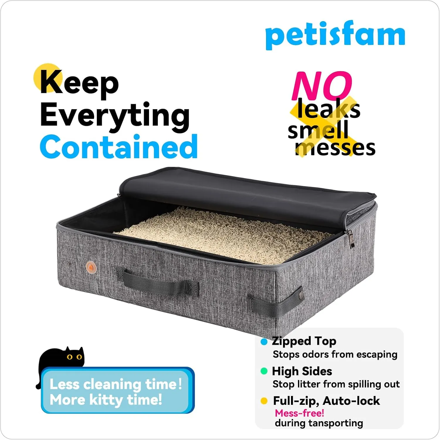 Portable Cat Travel Litter Box with Zipped Lid to Keep Everything Contained. No Odor, Leakage and Messes. Easy to Carry, Clean and Use in Car, Hotel, Aiarplane. (Large, Grey)