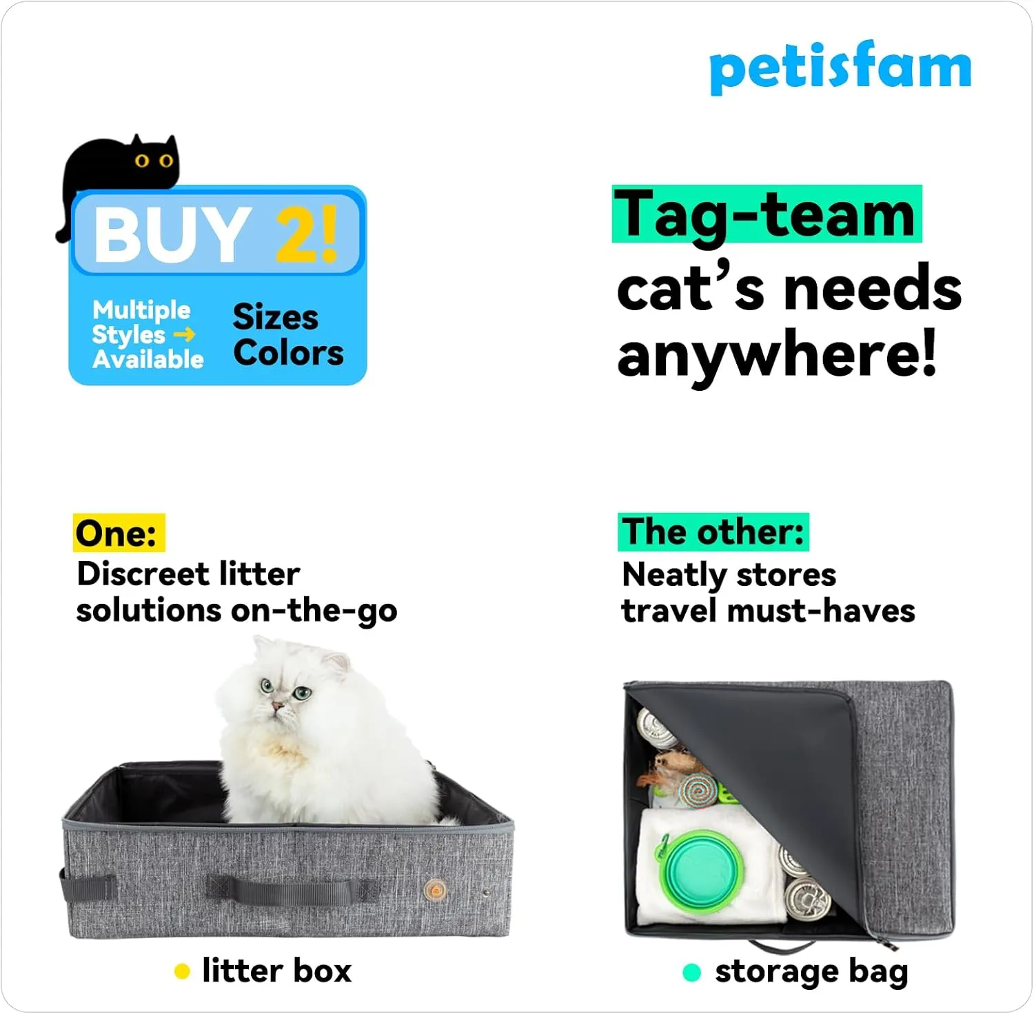 Portable Cat Travel Litter Box with Zipped Lid to Keep Everything Contained. No Odor, Leakage and Messes. Easy to Carry, Clean and Use in Car, Hotel, Aiarplane. (Large, Grey)