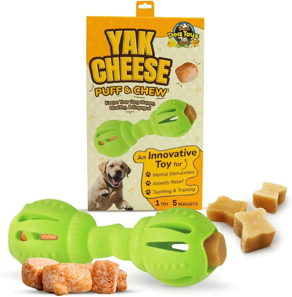Tibetan Dog Chew Yak Cheese Puff & Chew - Fun Interactive Treat Dispenser Toy for Dogs - Training, Teething, Calming, Mental Stimulation - Bone Dumbbell - Fluorescent Green (1 Toy, 5 Nuggets)