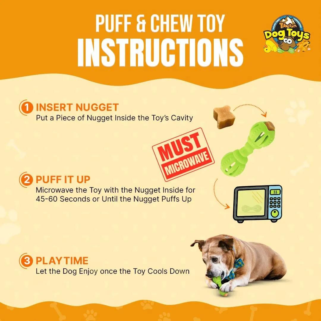 Tibetan Dog Chew Yak Cheese Puff & Chew - Fun Interactive Treat Dispenser Toy for Dogs - Training, Teething, Calming, Mental Stimulation - Bone Dumbbell - Fluorescent Green (1 Toy, 5 Nuggets)