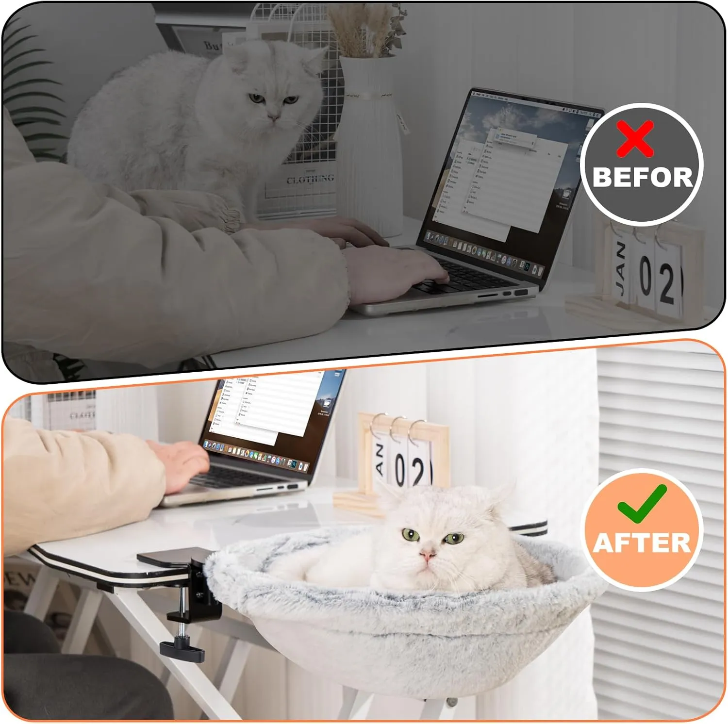 Uross Cat Desk Bed - 180 Rotating Soft & Comfortable Rabbit Fur Bed, Modern Indoor Cat Nest Furniture for Office Desks and Game Tables, Island Table-Supports 50 lbs (LightGrey)