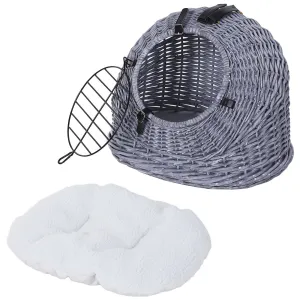 Wicker Cat Basket W/ Mat Handle Kitten Pussy Enclosed Bed Portable - Grey